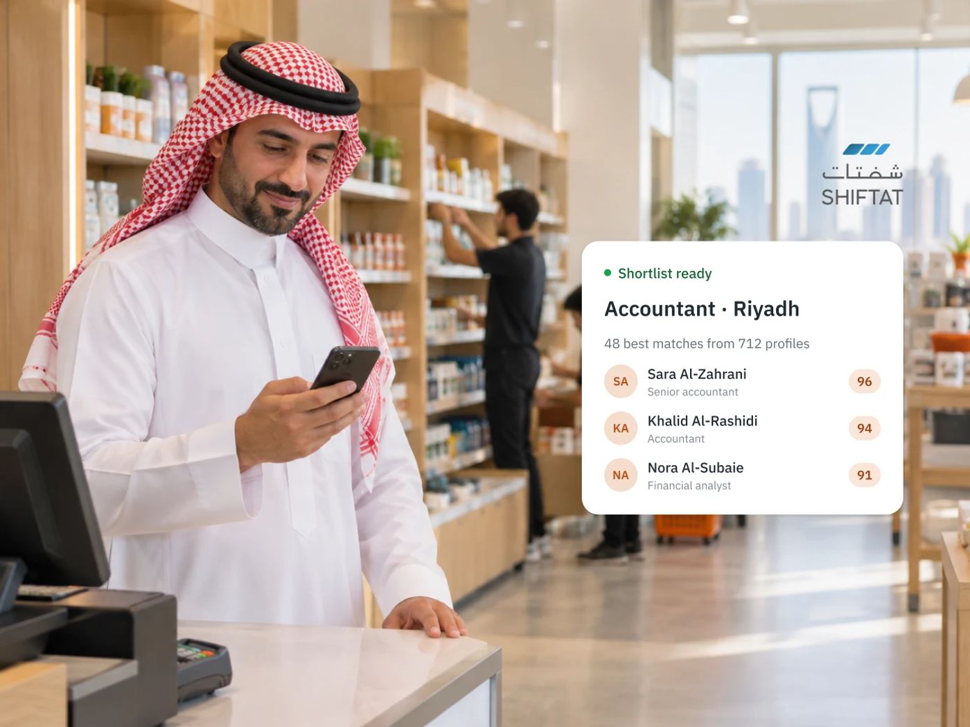 A Saudi branch manager in a Riyadh shop checks his phone at the counter while staff restock shelves; a Shiftat card shows the shortlist ready for an Accountant role, led by Sara Al-Zahrani at 96