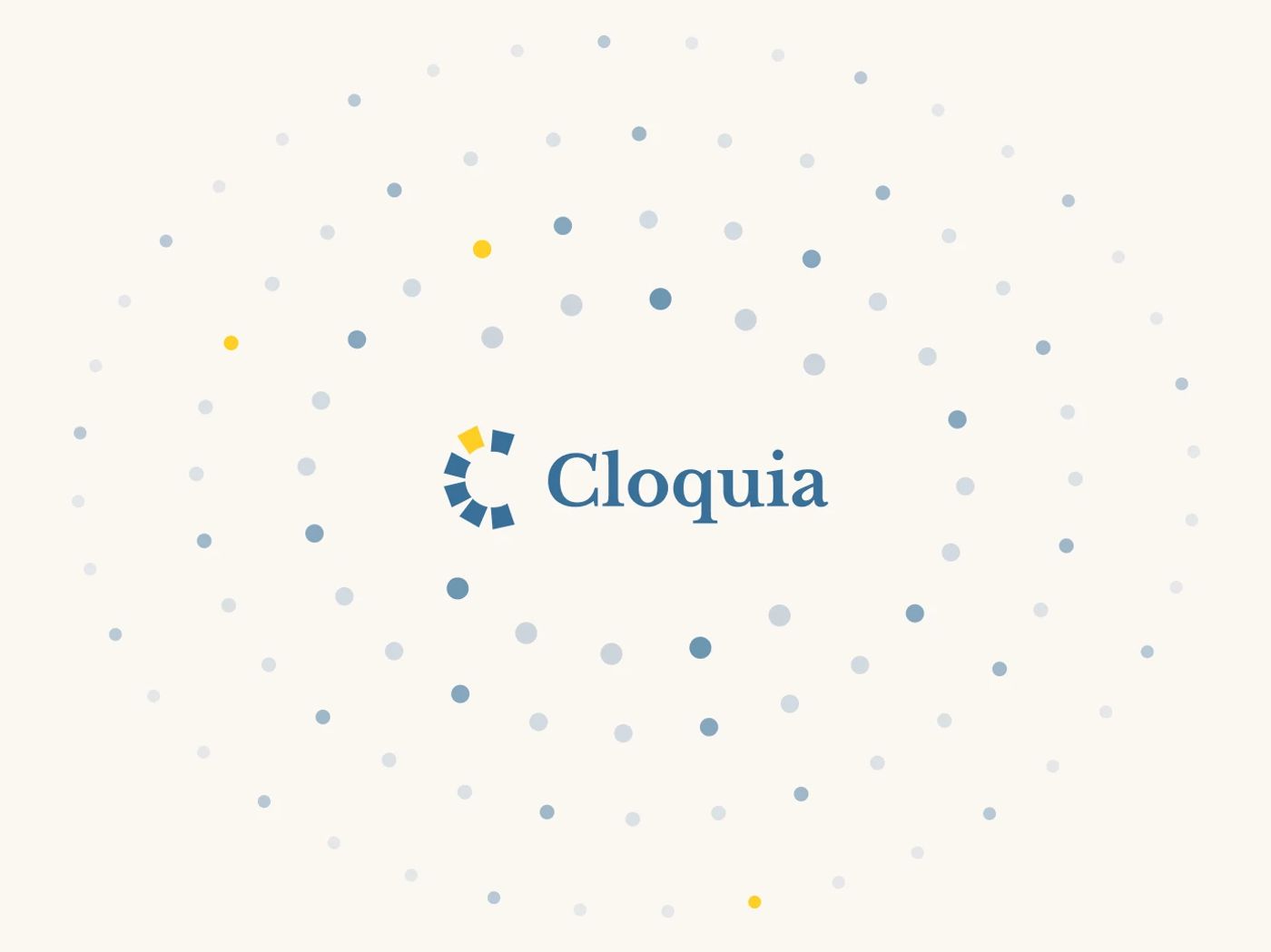 The Cloquia logo in the centre of a cream background with a circular pattern of soft blue and grey dots and a few yellow accents