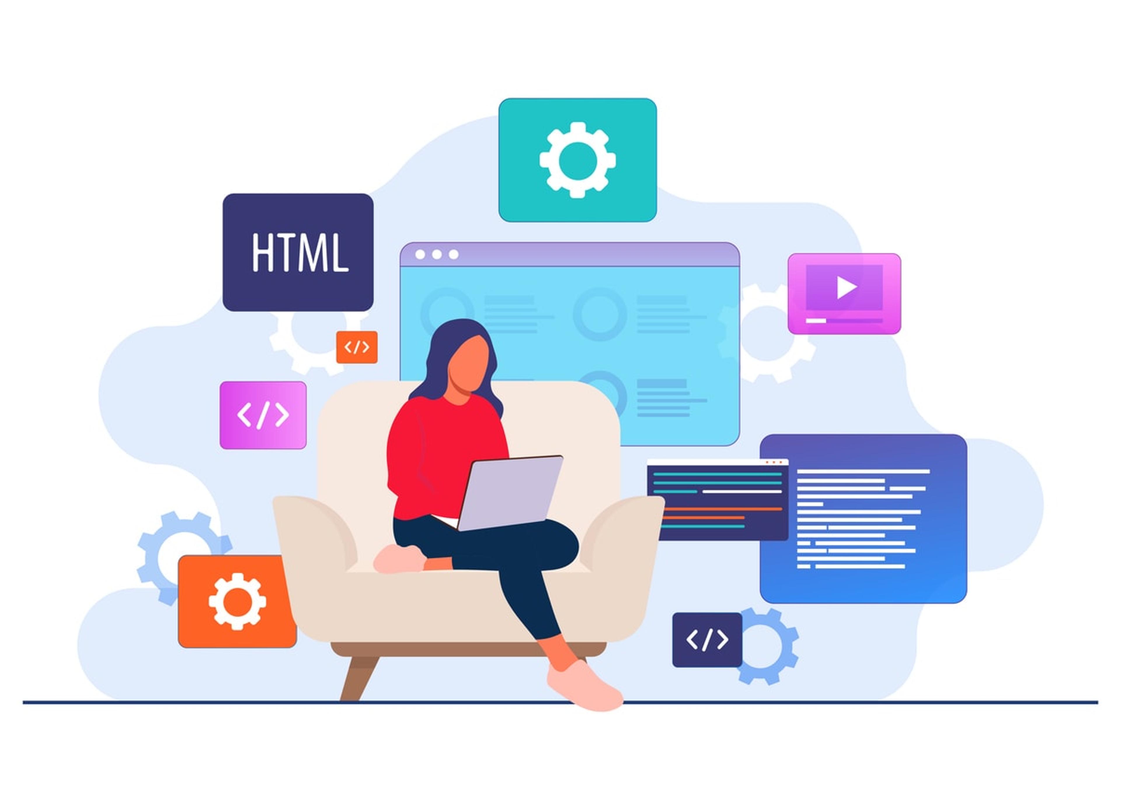 An illustration showing various programming languages and coding skills.