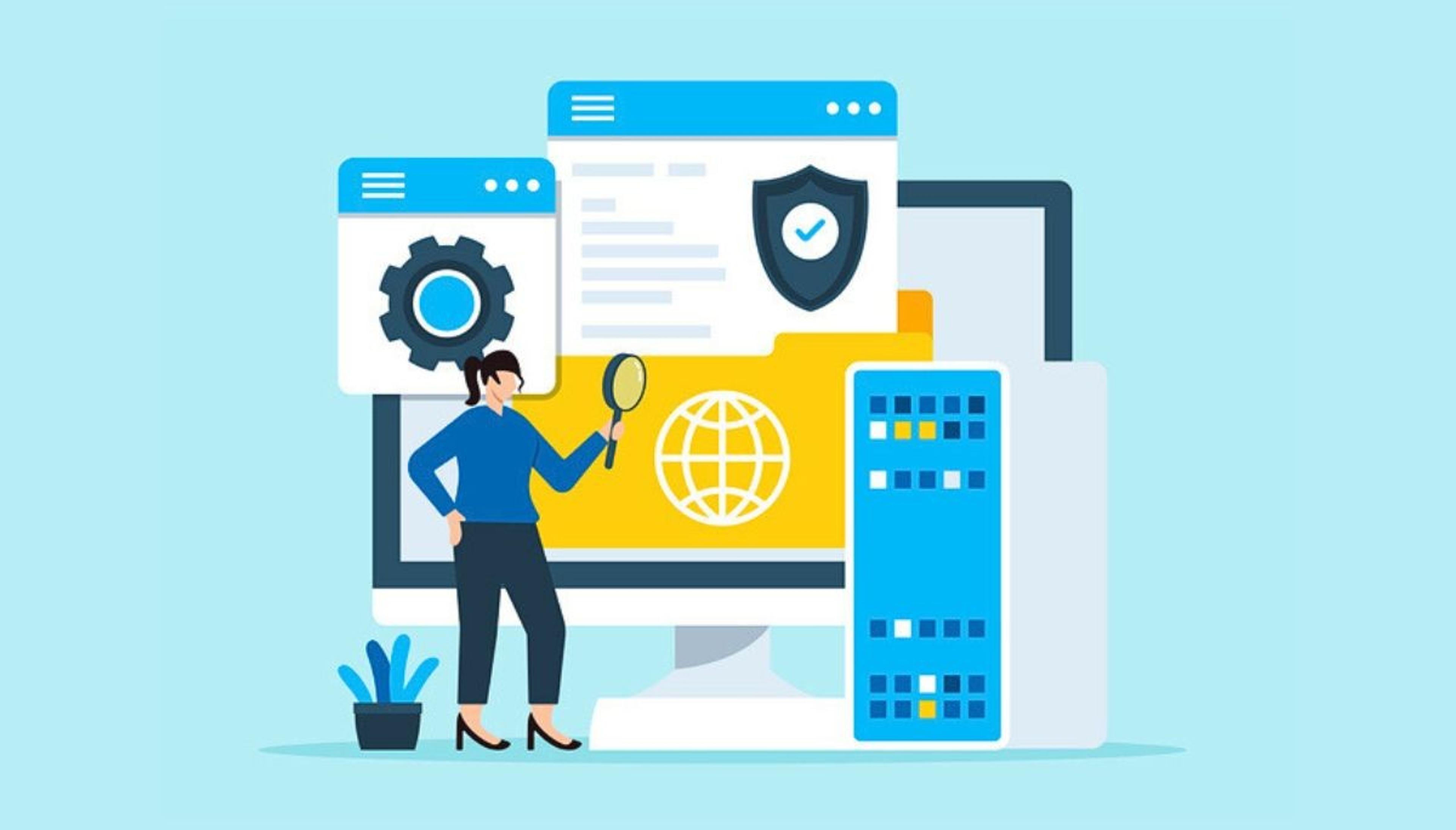 Illustration of a person analyzing data on a computer monitor surrounded by icons of a shield, globe, gear, and server, symbolizing SOC 2 compliance and secure IT systems.