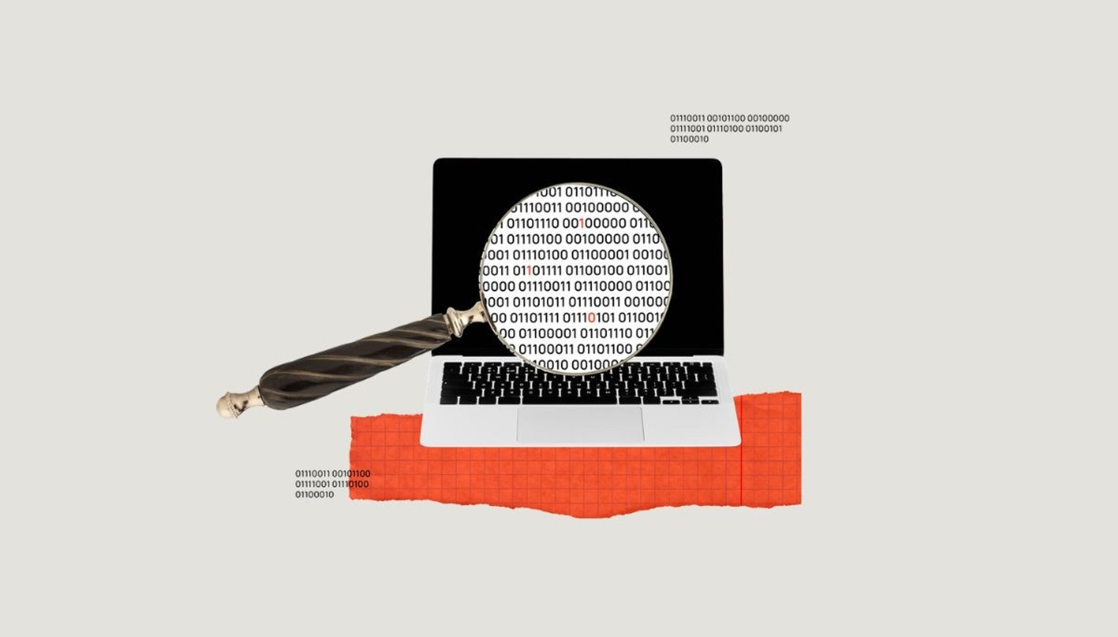 Laptop screen with binary code under magnifying glass, symbolizing static code analysis tools.