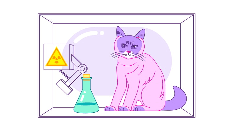 An illustration representing Schrödinger's cat thought experiment, showcasing a cat in a sealed box.