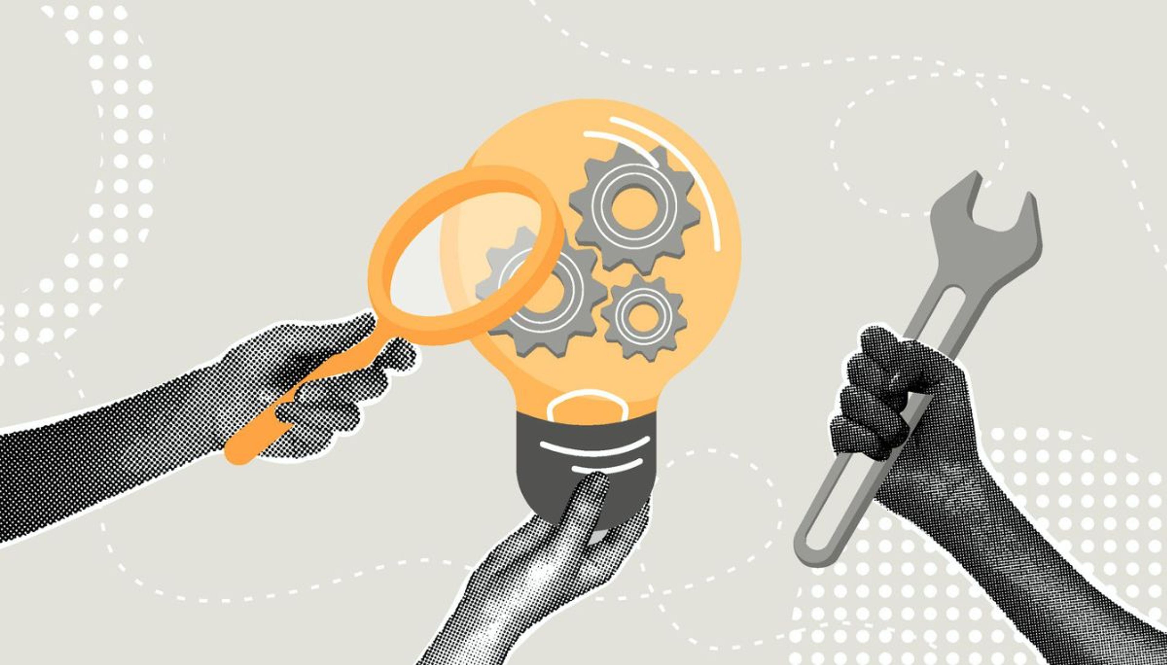 Hands with light bulb, gears, magnifying glass, and wrench, symbolizing design principles engineers use to build better products.