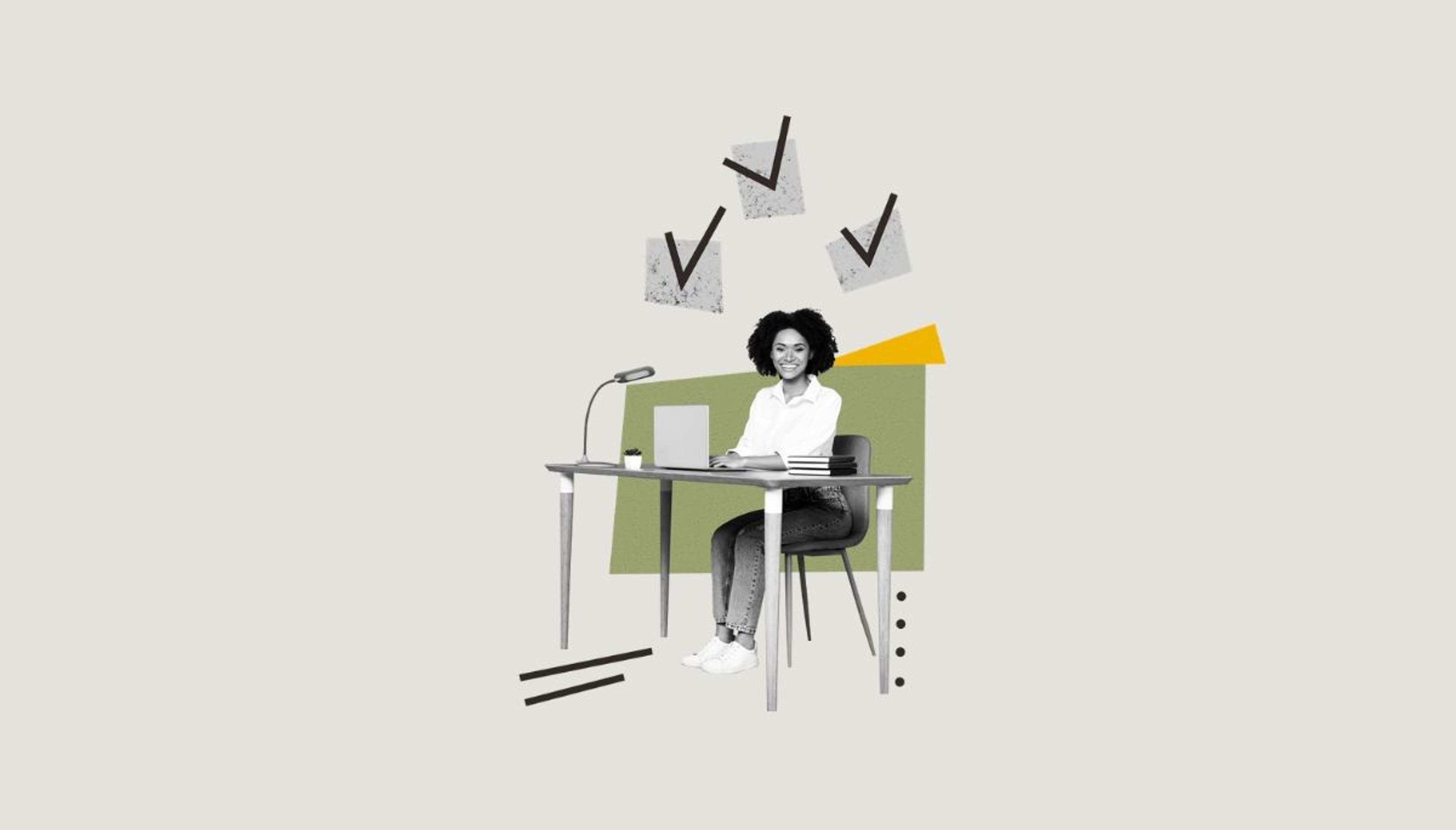 Smiling woman at a desk with laptop and checklist icons, representing preparation for third round interview questions.