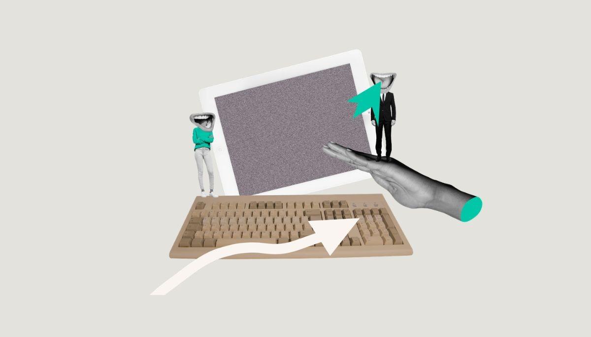 Illustration of two figures near digital devices and arrows, representing contrasting responsibilities in solutions vs forward deployed engineering.