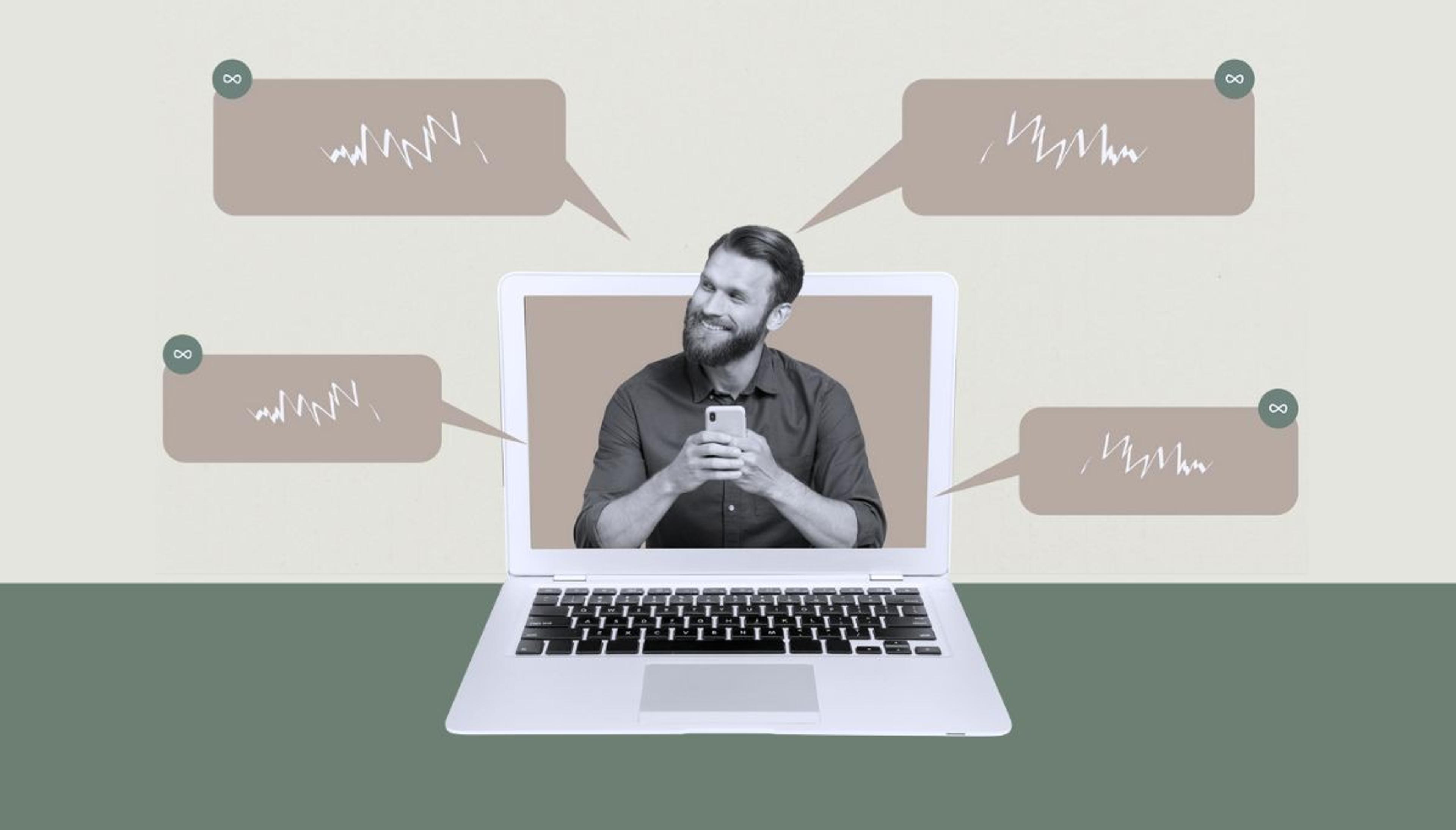 Collage of professional emerging from laptop with speech bubbles, symbolizing best interview prep tools and simulators to practice before you go.