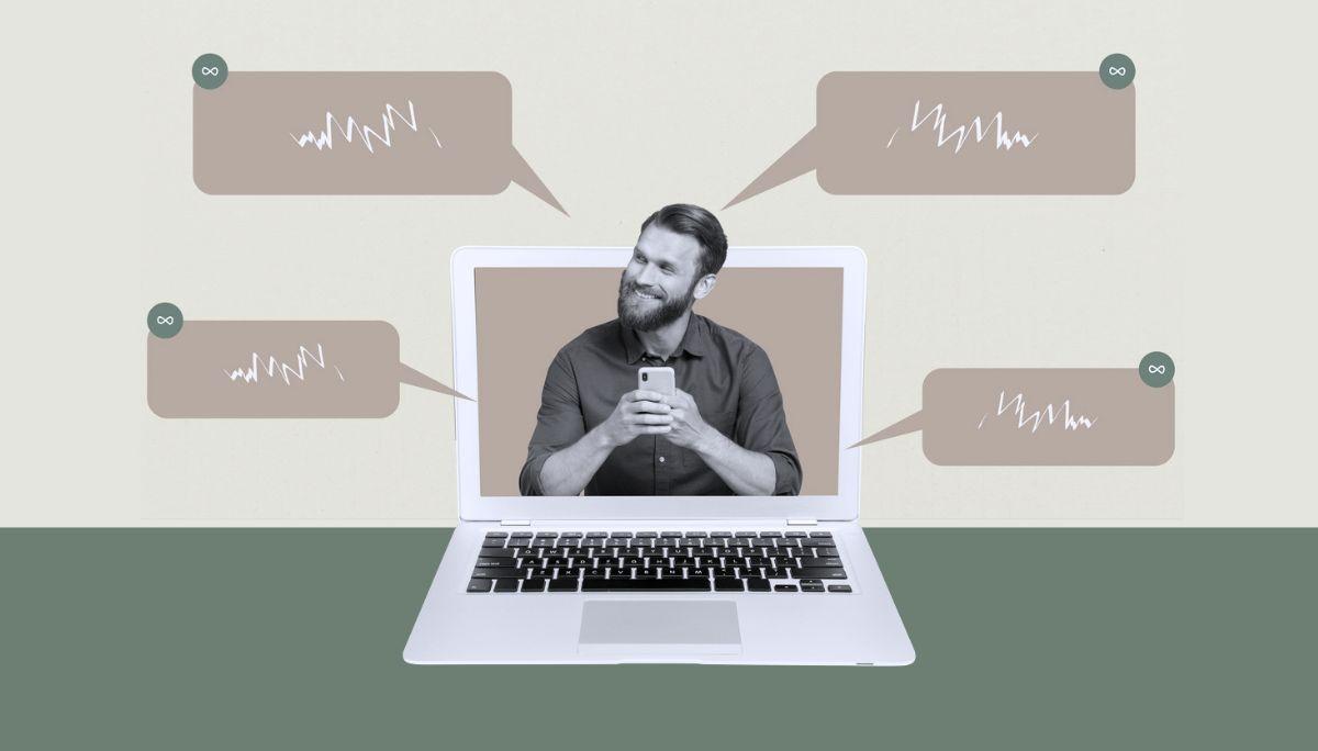 Collage of professional emerging from laptop with speech bubbles, symbolizing best interview prep tools and simulators to practice before you go.
