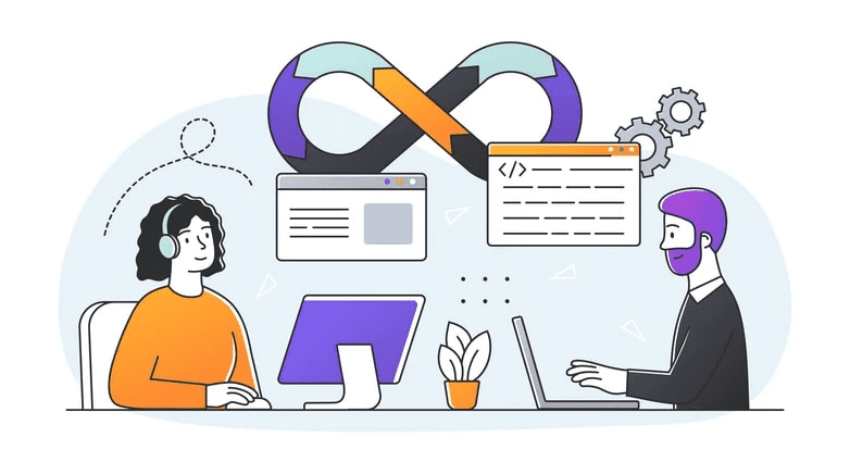 A DevOps engineer collaborating with a development team.
