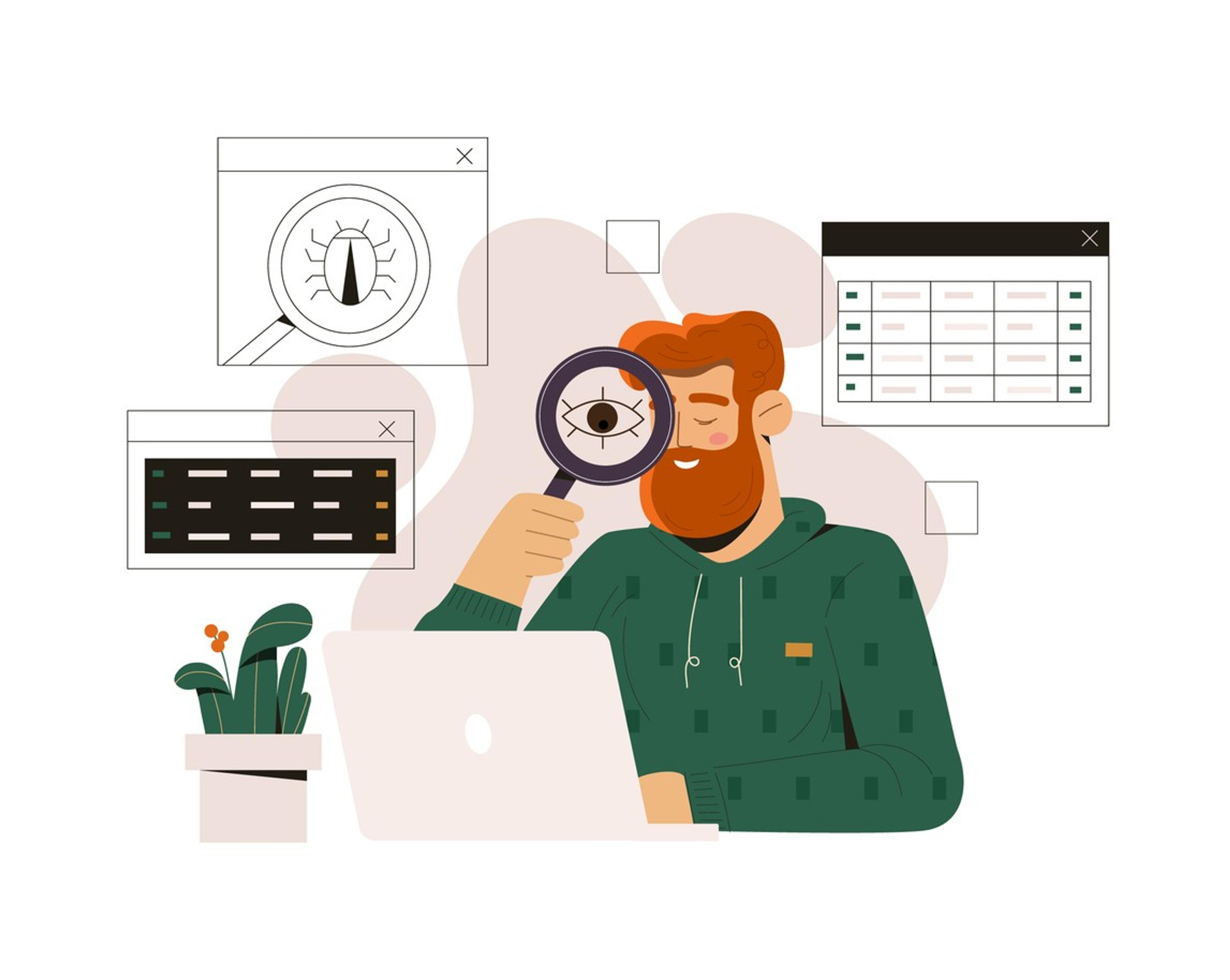 Developer inspecting code with magnifying glass, symbolizing code review best practices and quality assurance in software development.