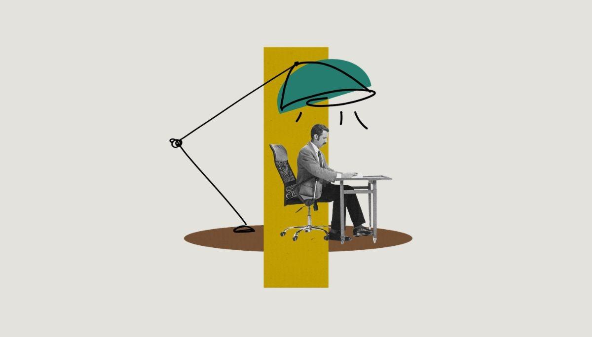 Illustration of candidate studying at desk with oversized lamp, representing real take‑home interview tasks.