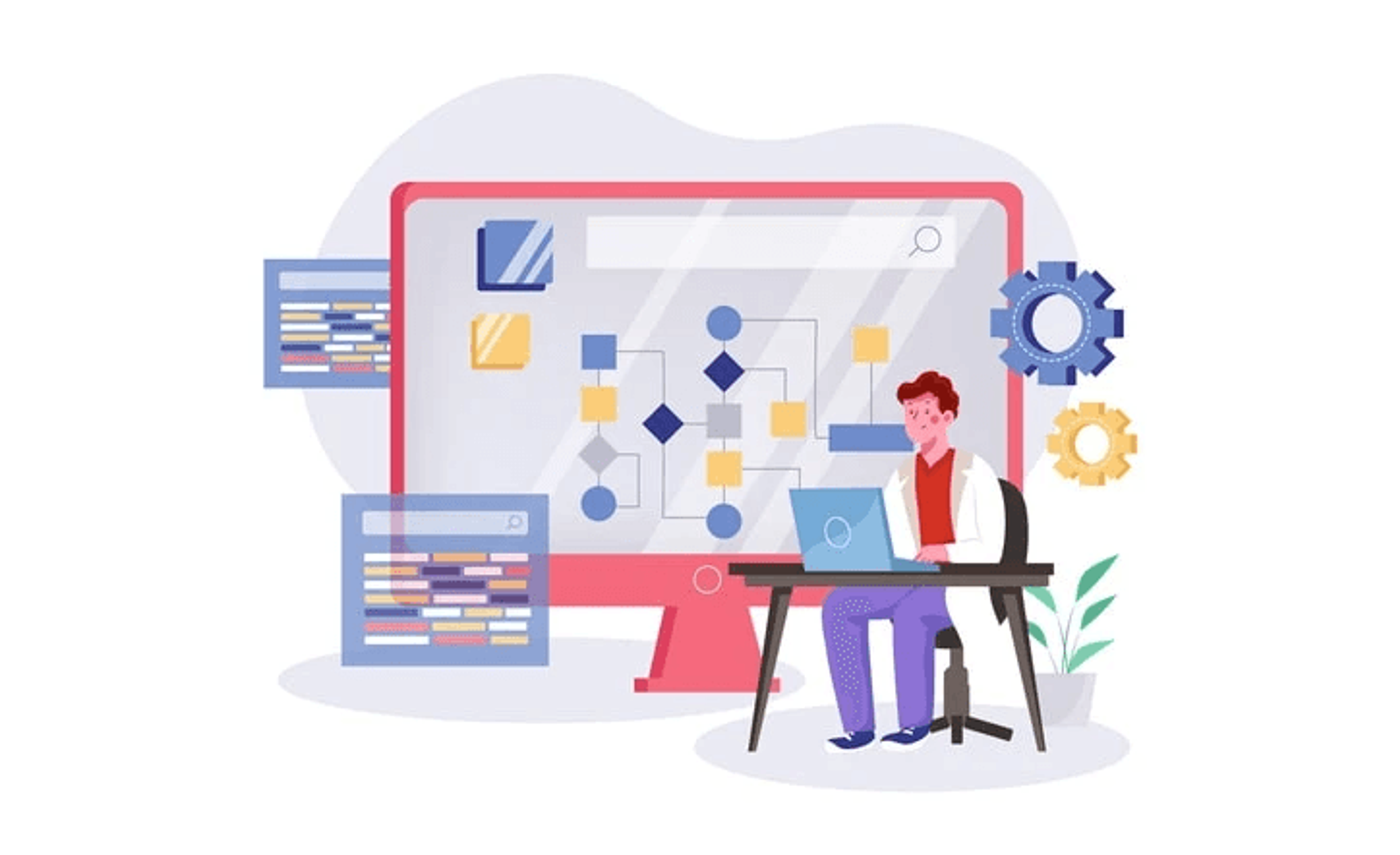 An illustration depicting the code review process with a code reviewer analyzing code changes.