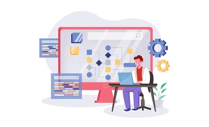 An illustration depicting the code review process with a code reviewer analyzing code changes.
