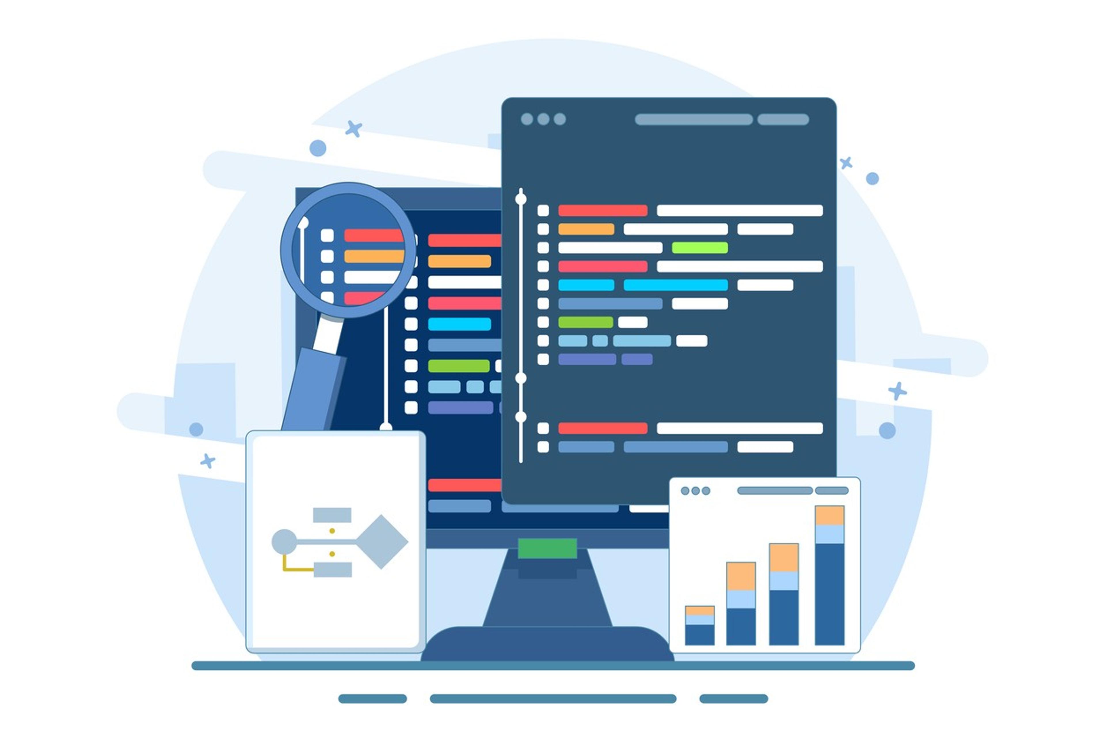 Monitor displaying code with magnifying glass, flowchart, and data charts, representing version control systems like and database collaboration tools.