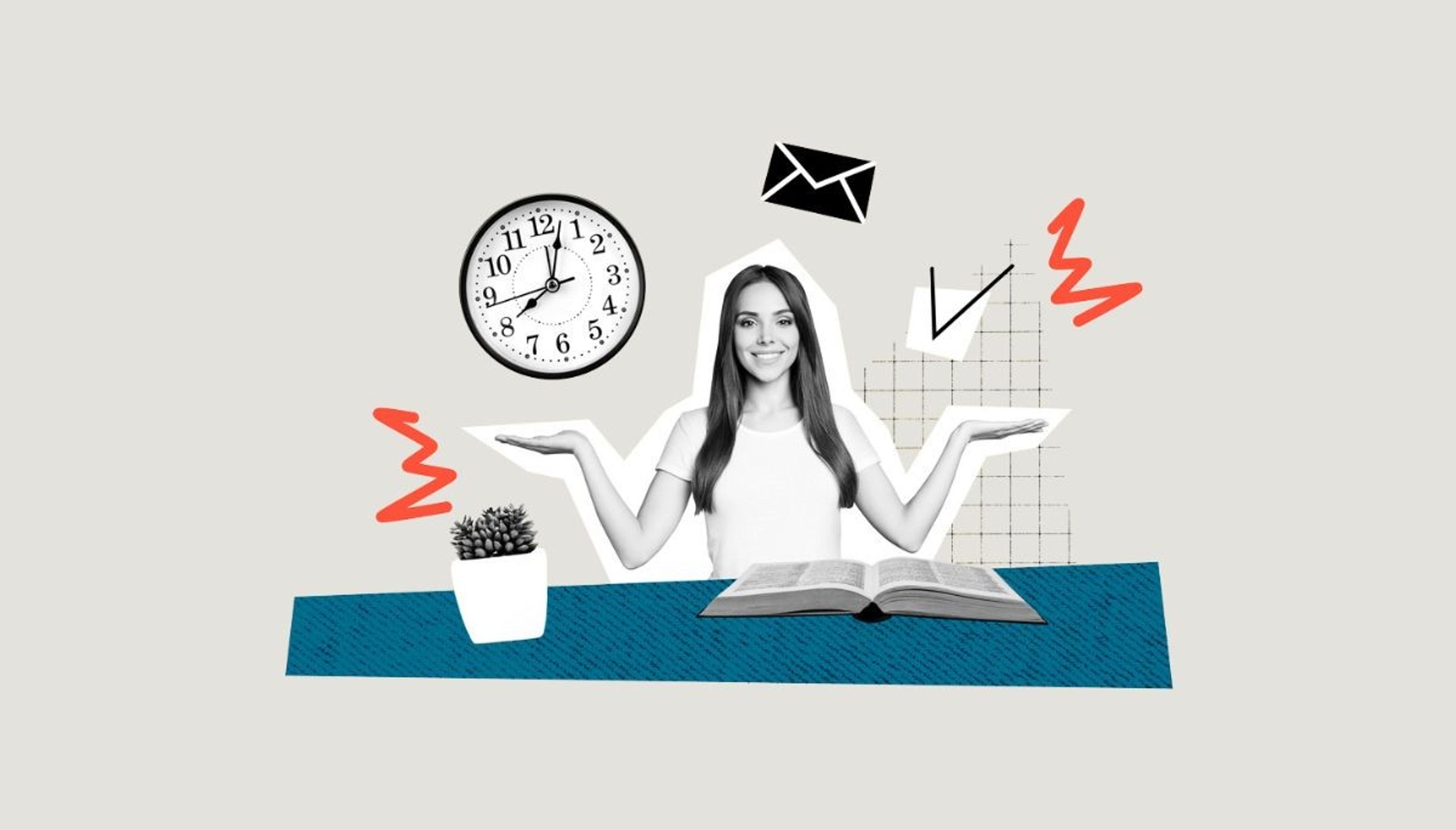 Woman multitasking at a desk with a clock, email icon, checklist, and open book, illustrating preparation for a whiteboard coding interview.