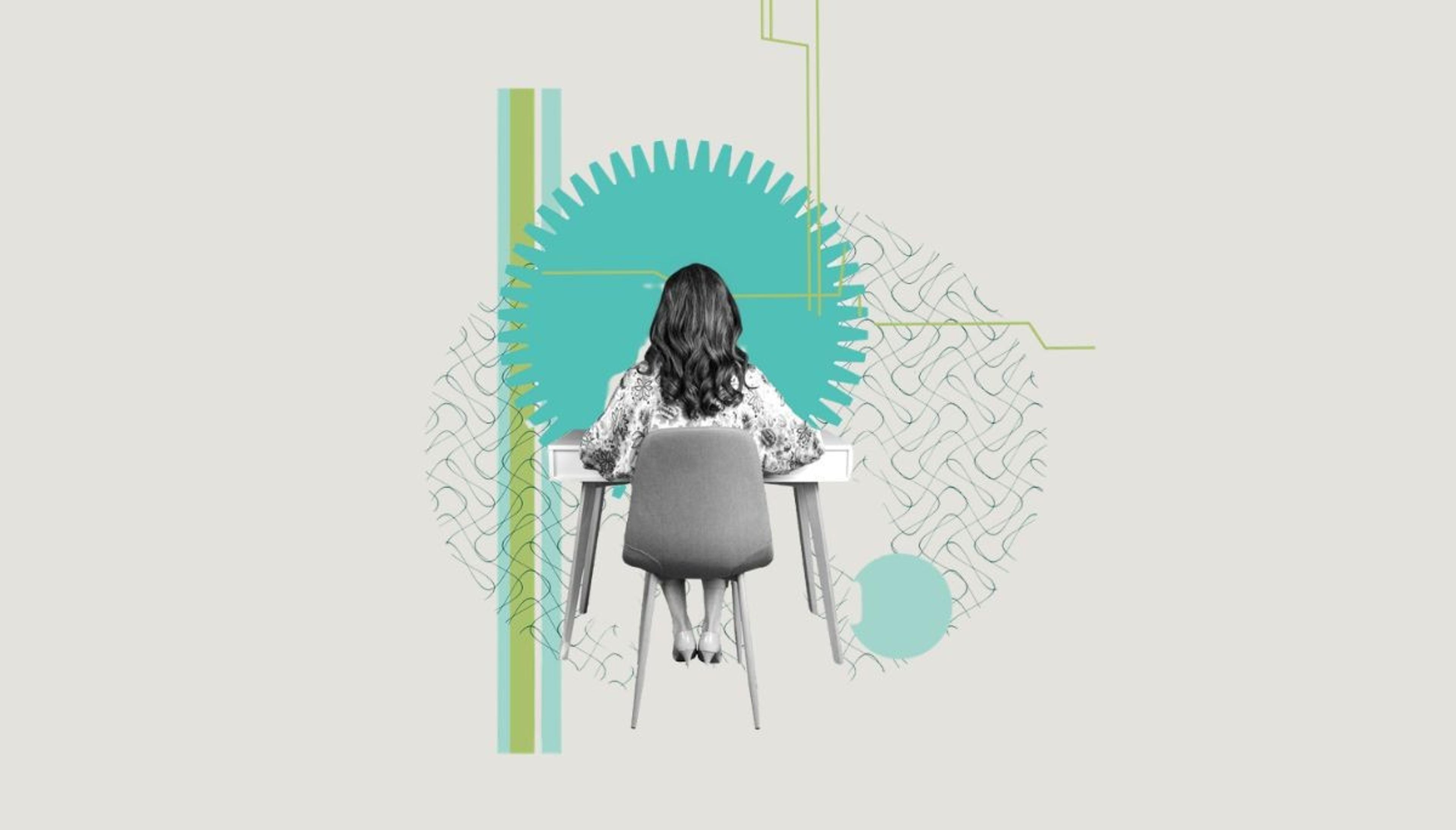 Person seated at a desk with abstract shapes and patterns, representing preparation for second round interview questions and expectations.