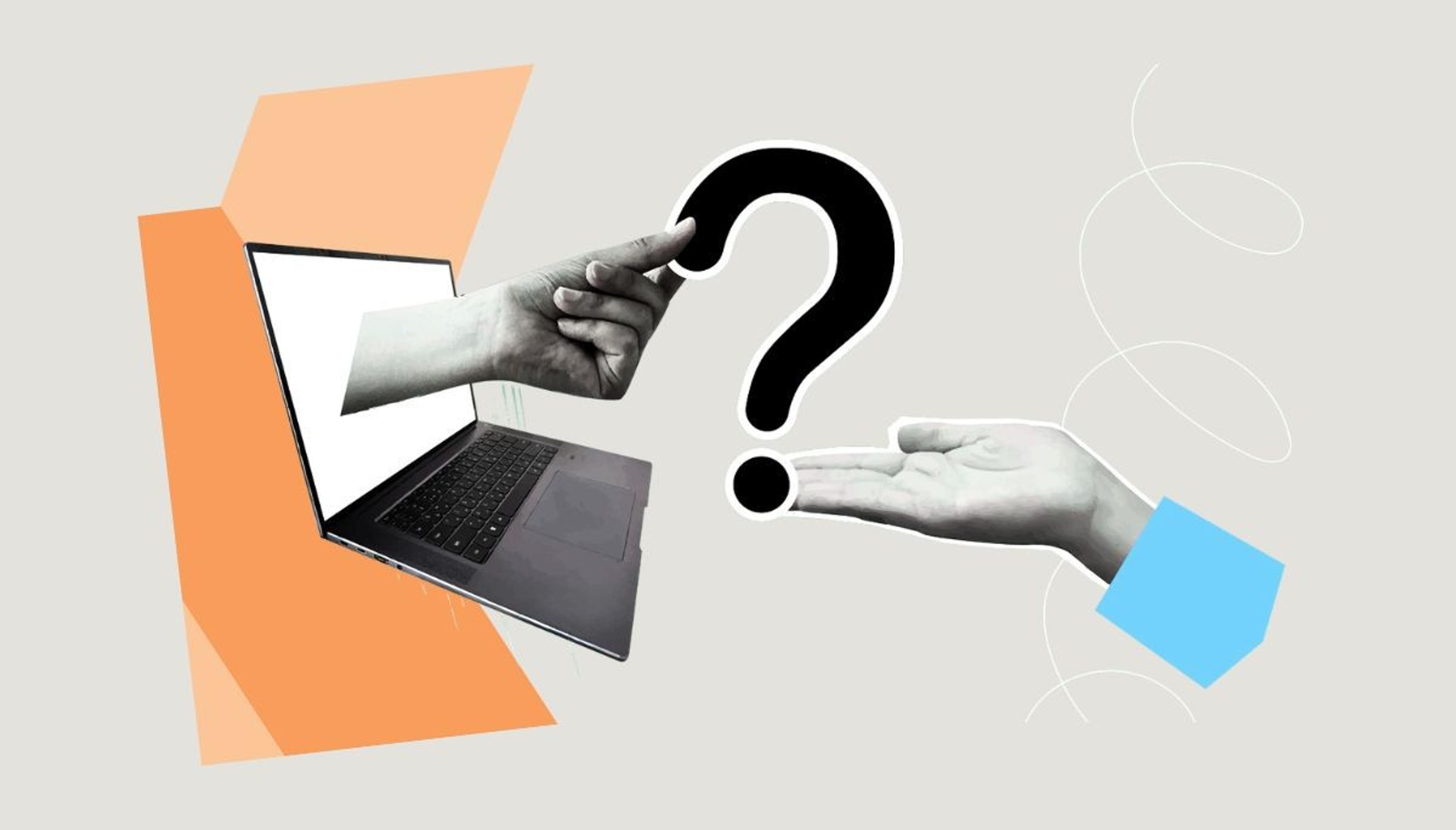 Laptop with question mark between two hands, symbolizing front end developer interview questions.