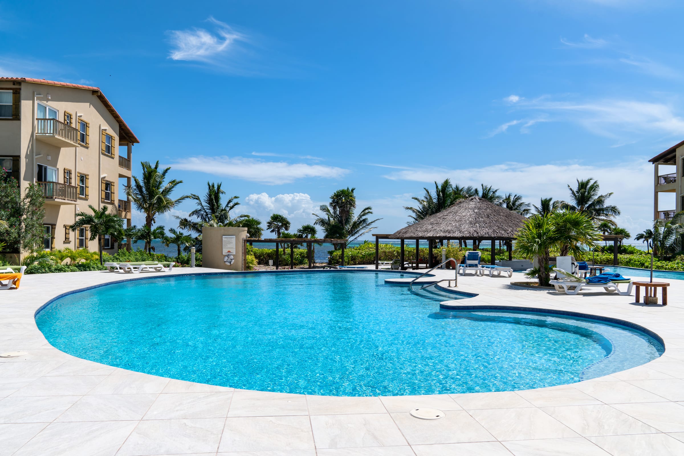 Resort pool with a thatched palapa bar and the sea beyond