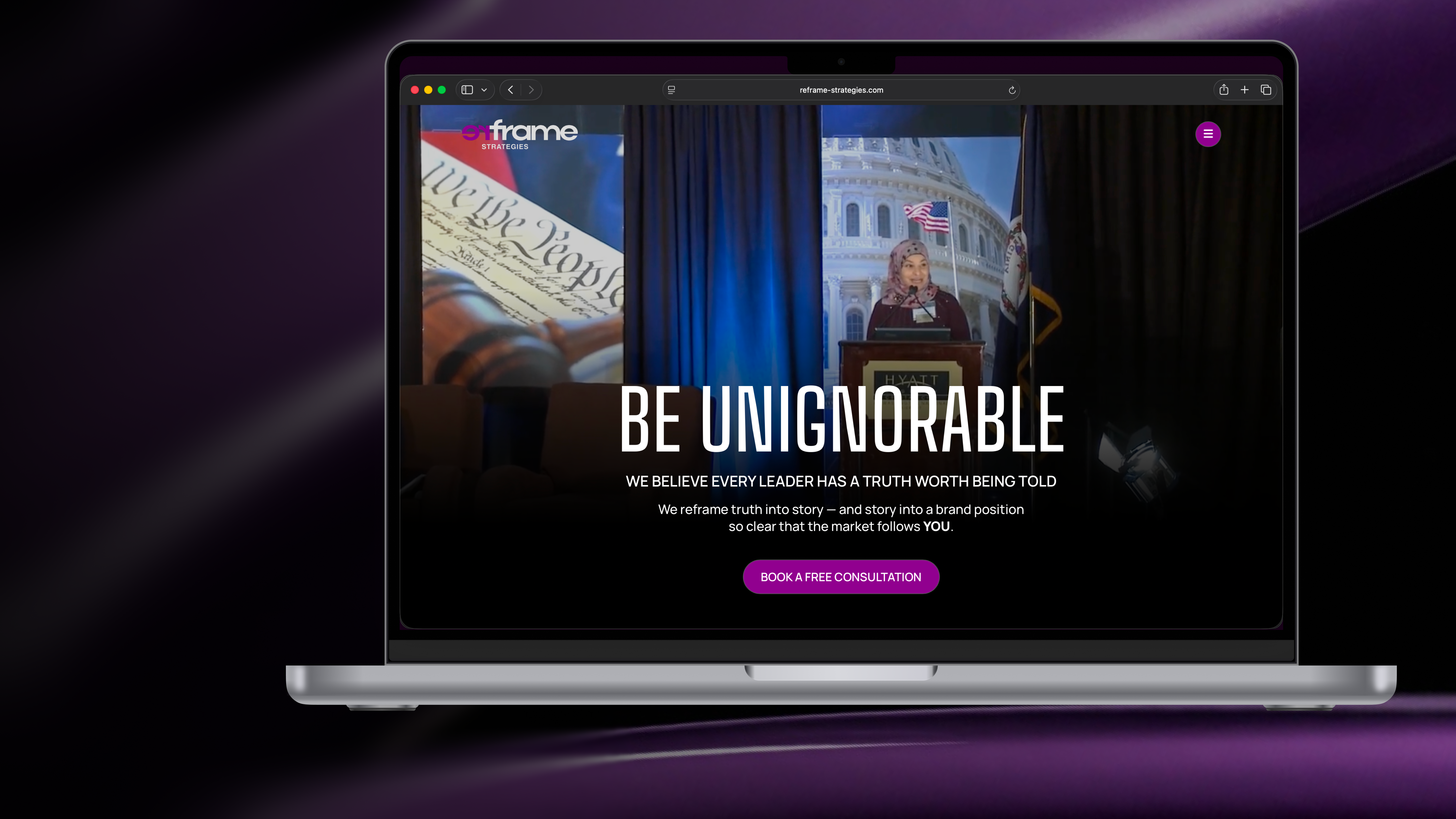 reFrame Strategies website on a laptop