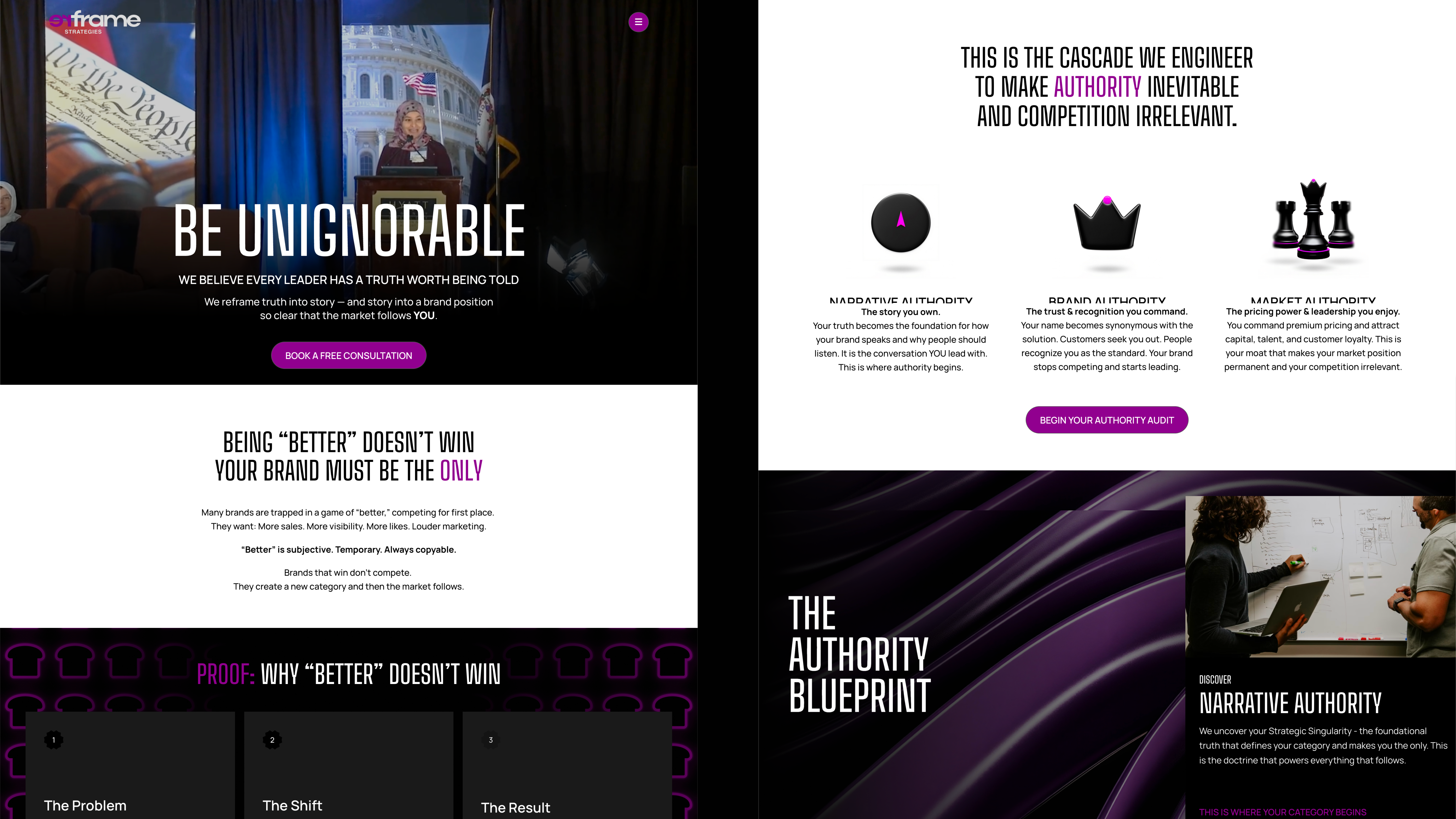 reFrame website pages for the homepage and authority cascade
