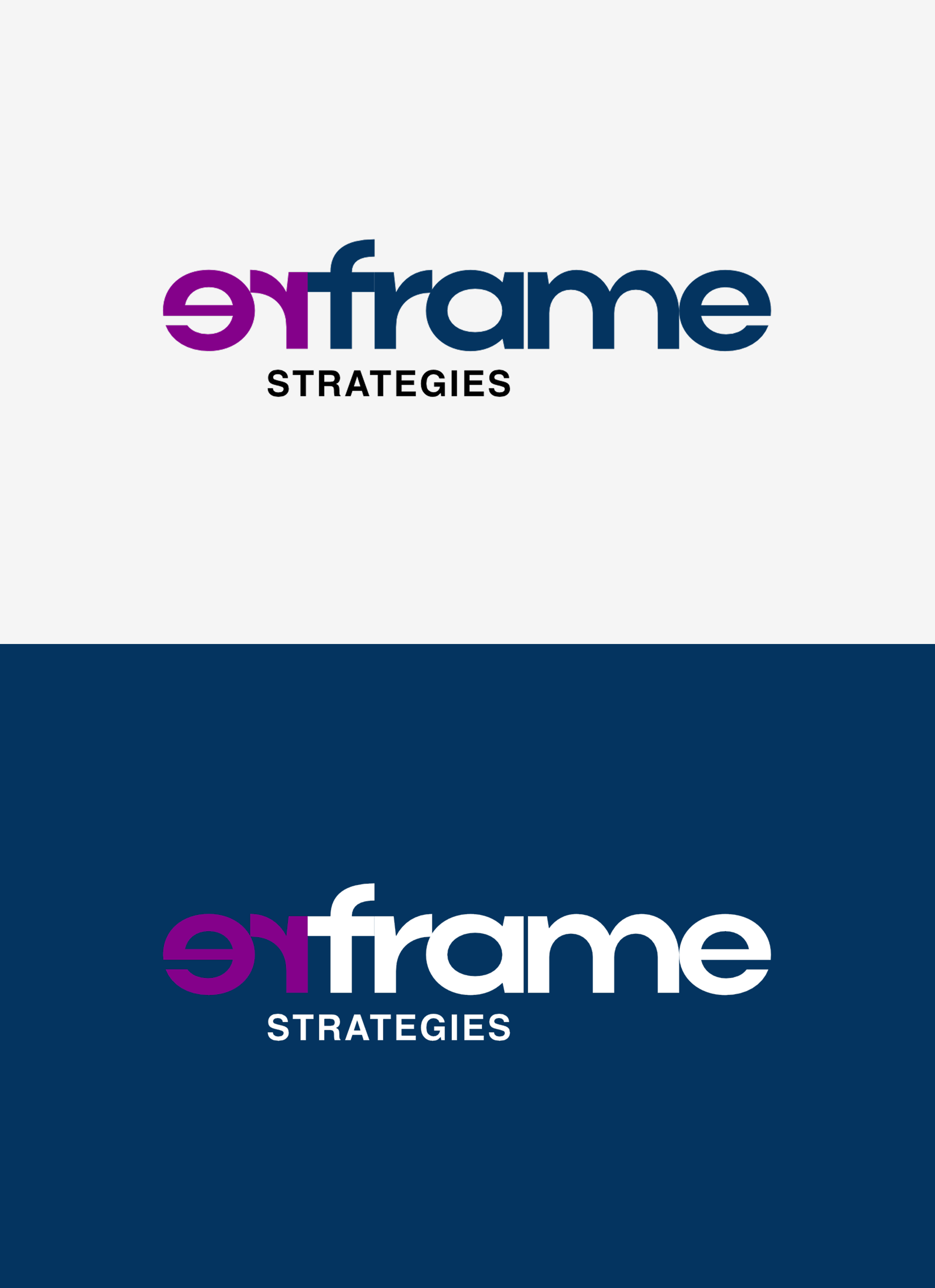 reFrame Strategies wordmark on white and midnight blue