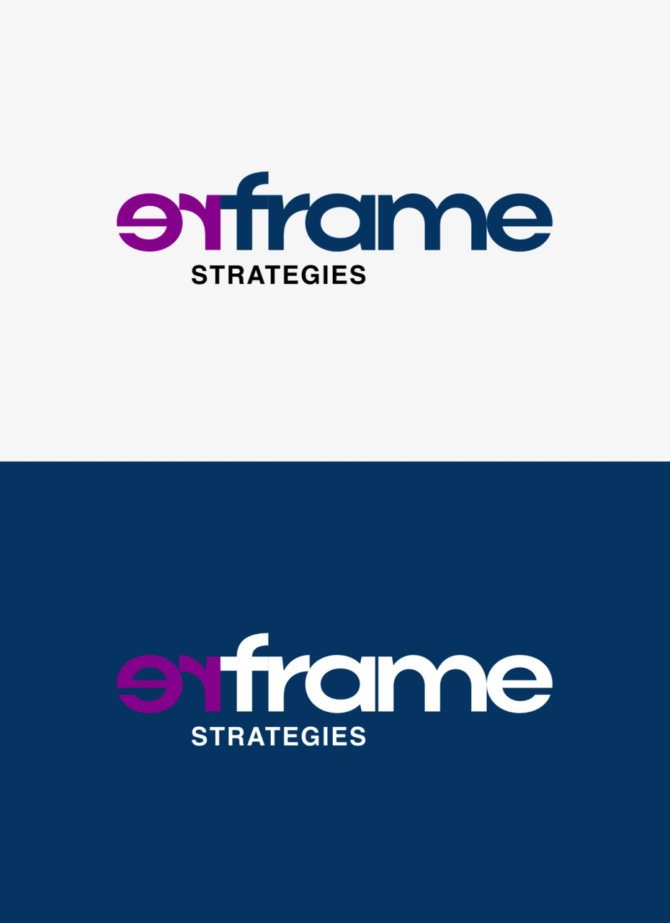 reFrame Strategies wordmark on white and midnight blue