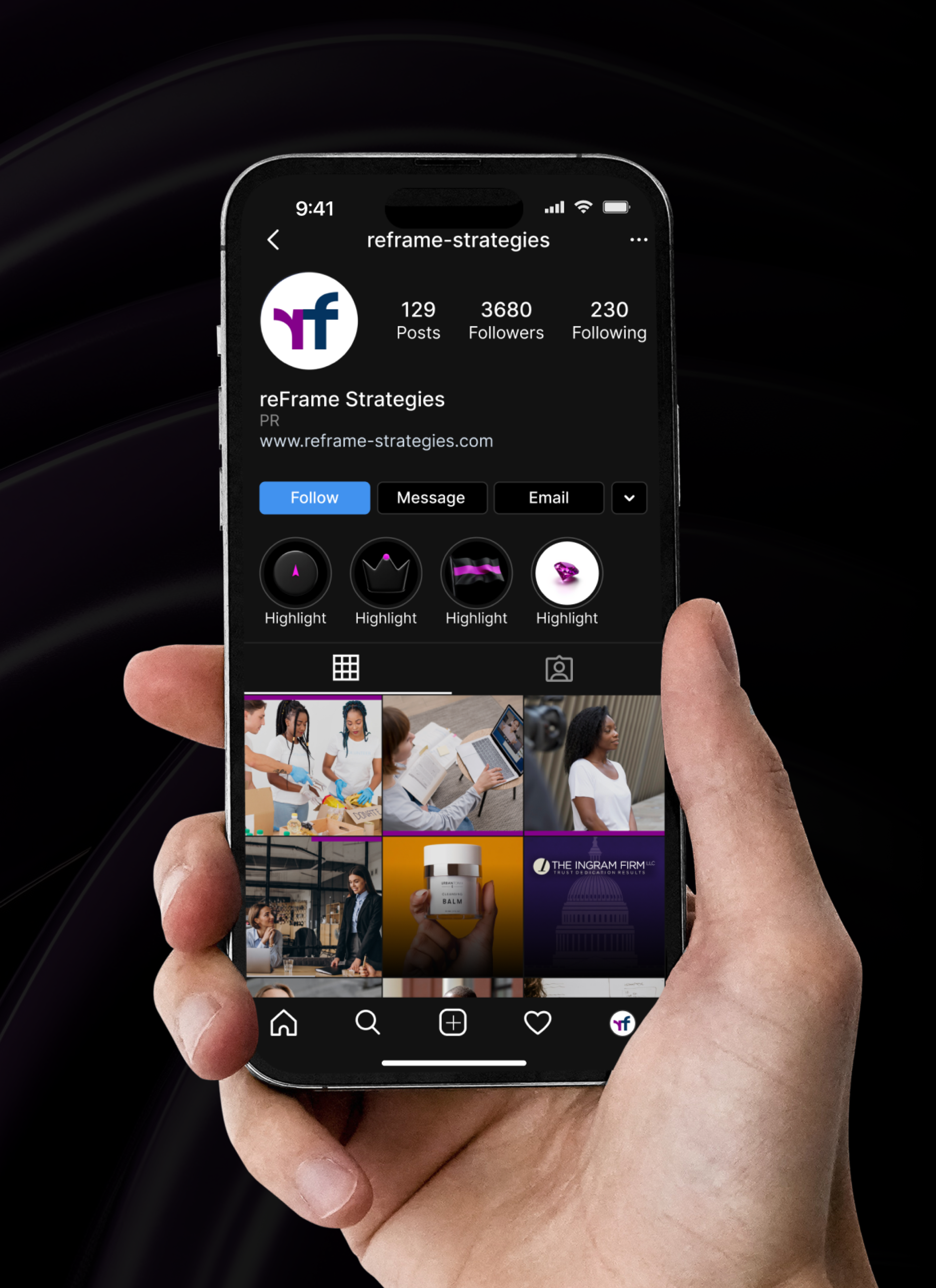 reFrame Strategies Instagram profile on a phone