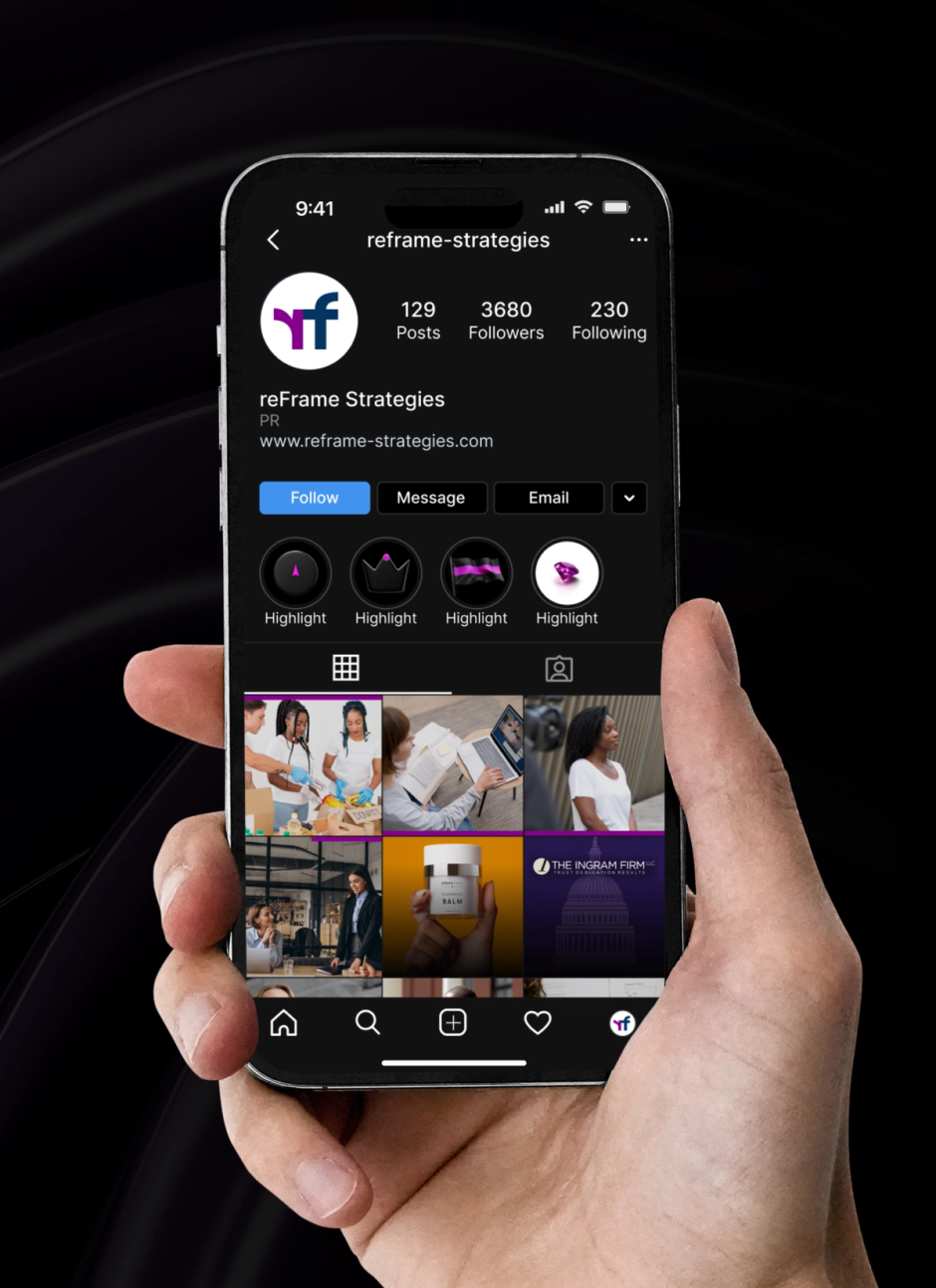 reFrame Strategies Instagram profile on a phone