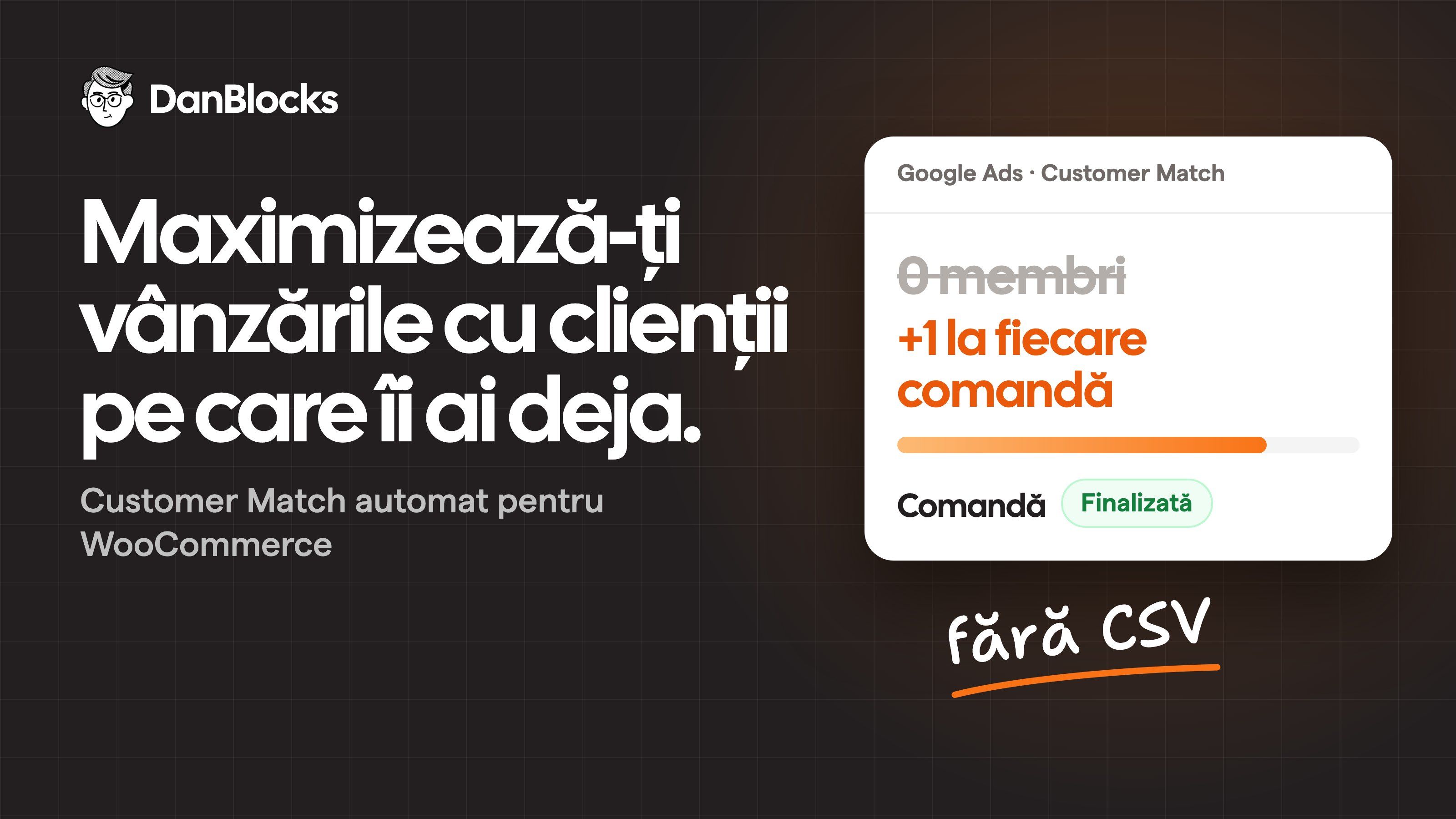 Coperta articolului: „Maximizează-ți vânzările cu clienții pe care îi ai deja.”, Customer Match automat pentru WooCommerce: lista din Google Ads trece de la 0 membri la +1 la fiecare comandă finalizată, fără CSV