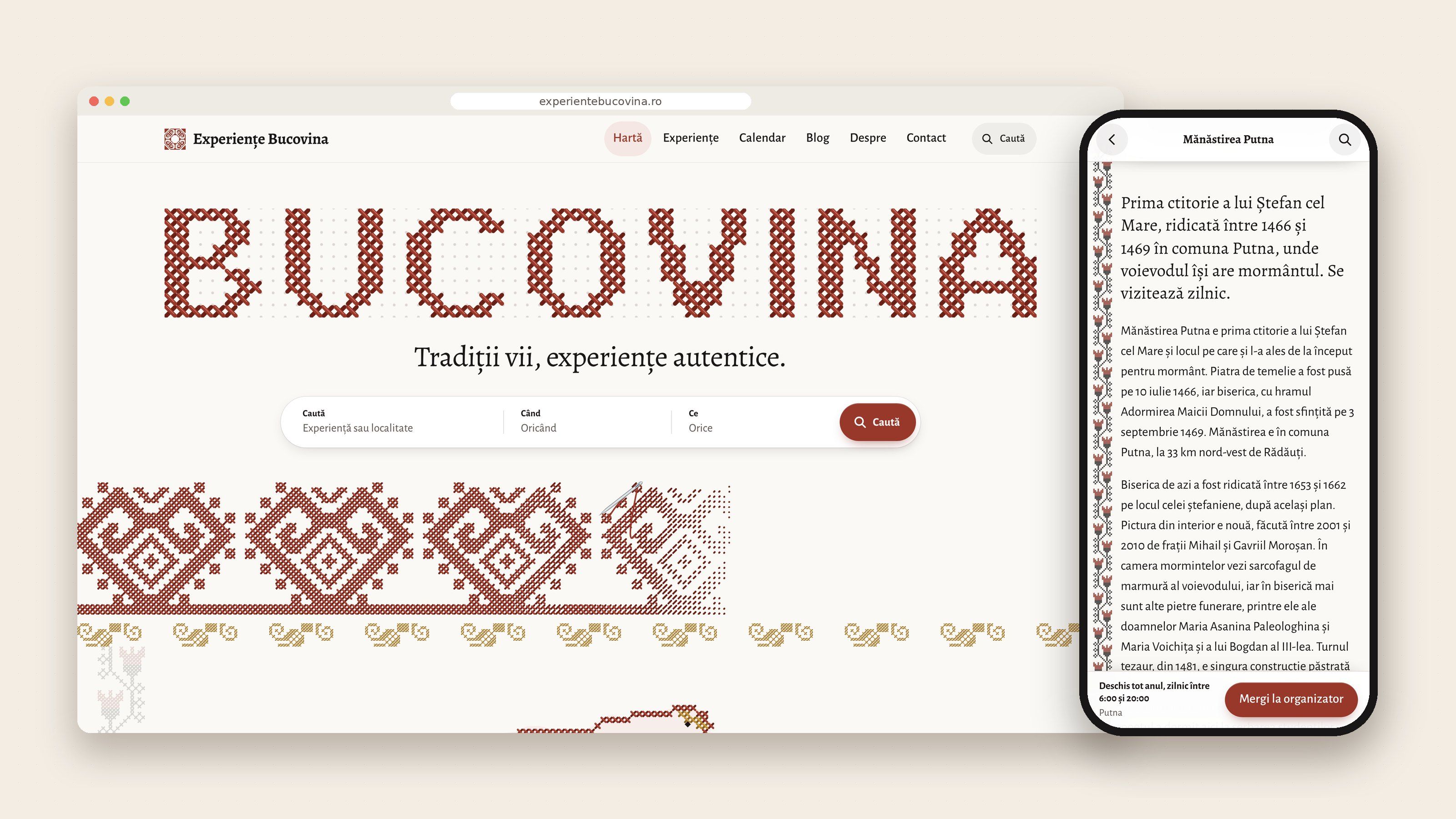 experientebucovina.ro pe laptop și pe telefon: numele BUCOVINA cusut în cruciulițe pe prima pagină și pagina Mănăstirii Putna, cu butonul „Mergi la organizator”
