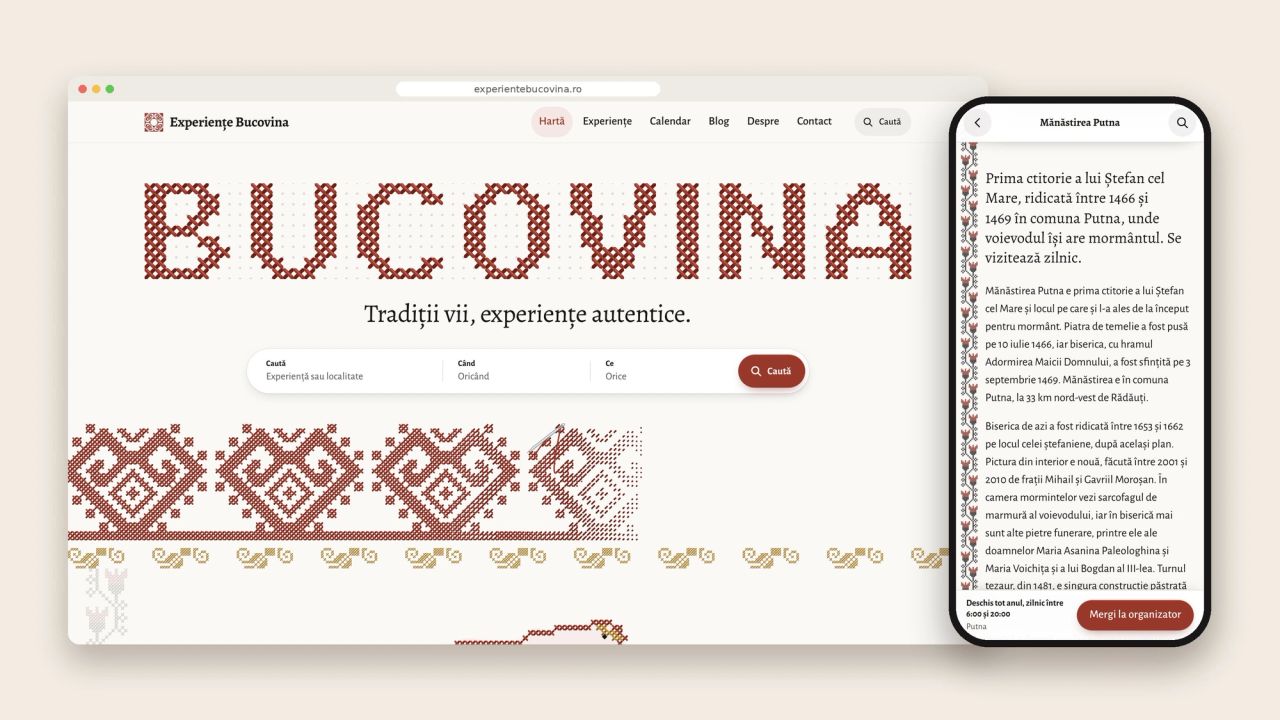 experientebucovina.ro pe laptop și pe telefon: numele BUCOVINA cusut în cruciulițe pe prima pagină și pagina Mănăstirii Putna, cu butonul „Mergi la organizator”