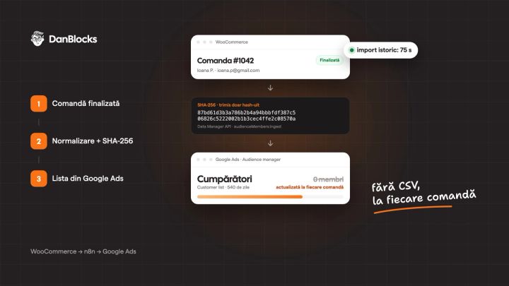 Fluxul Customer Match: o comandă finalizată din WooCommerce, emailul hash-uit cu SHA-256 și lista „Cumpărători” din Google Ads, actualizată la fiecare comandă