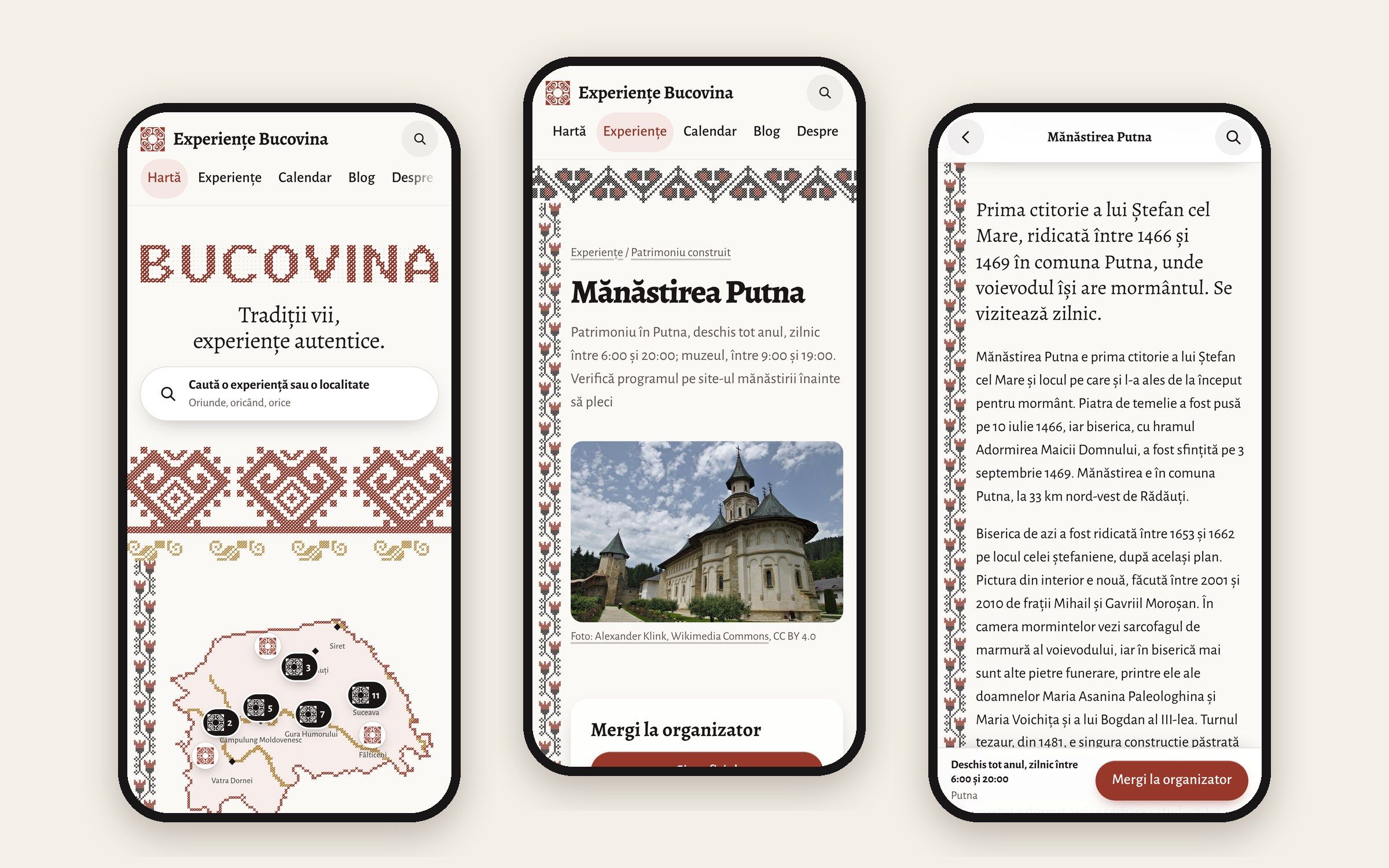 Trei ecrane de telefon din experientebucovina.ro: prima pagină cu numele BUCOVINA cusut și harta, pagina Mănăstirii Putna și aceeași pagină derulată, cu bara de jos și butonul „Mergi la organizator”