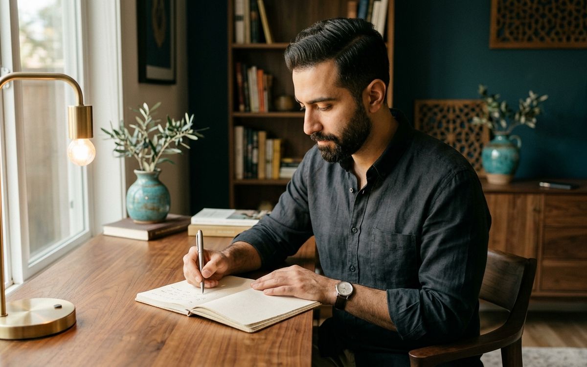 مرد متخصص ایرانی در فضای کاری آرام در حال تمرکز عمیق و طراحی نقشه استراتژیک