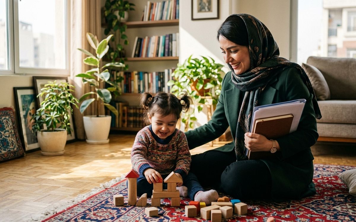 مادر شاغل ایرانی با پوشش موقر در کنار فرزند خردسال روی فرش ایرانی با پوشه کاری در دست