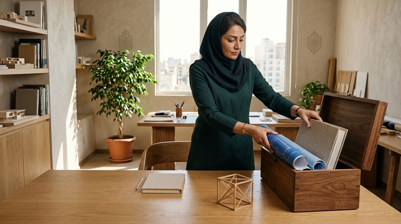 بانوی معمار و متخصص ایرانی با پوشش موقر و متین در حال جمع‌آوری نقشه‌های پروژه قدیمی و باز کردن فضا برای آغاز طرح نو