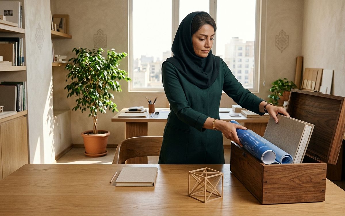 بانوی معمار و متخصص ایرانی با پوشش موقر و متین در حال جمعآوری نقشههای پروژه قدیمی و باز کردن فضا برای آغاز طرح نو