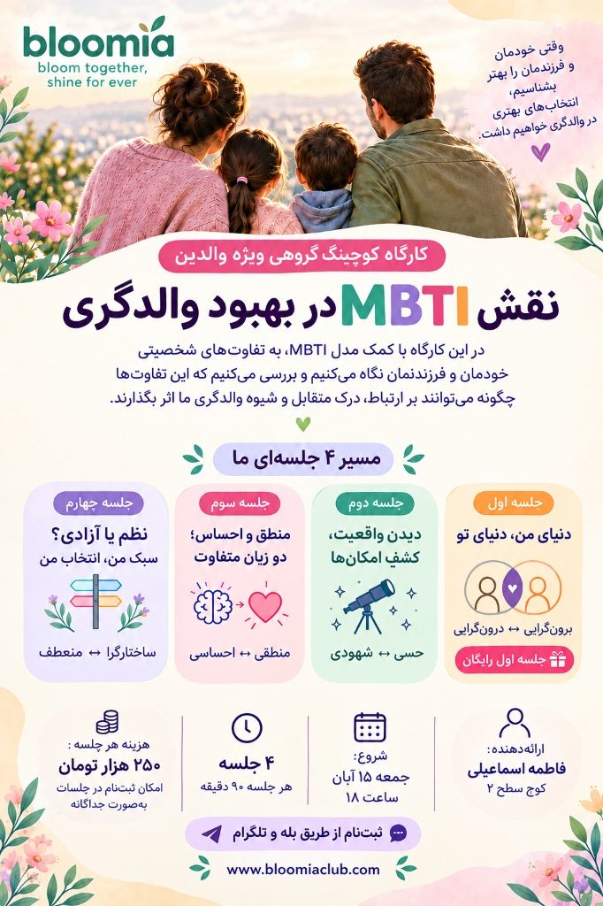 پوستر کارگاه کوچینگ گروهی نقش MBTI در بهبود والدگری با فاطمه اسماعیلی