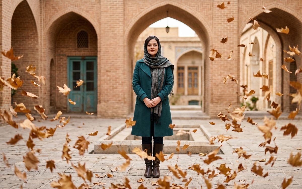 زن آرام و متین ایرانی با پوشش موقر و شال زمردی در حیاط تاریخی با ثبات و آرامش درونی در میان وزش باد پاییزی