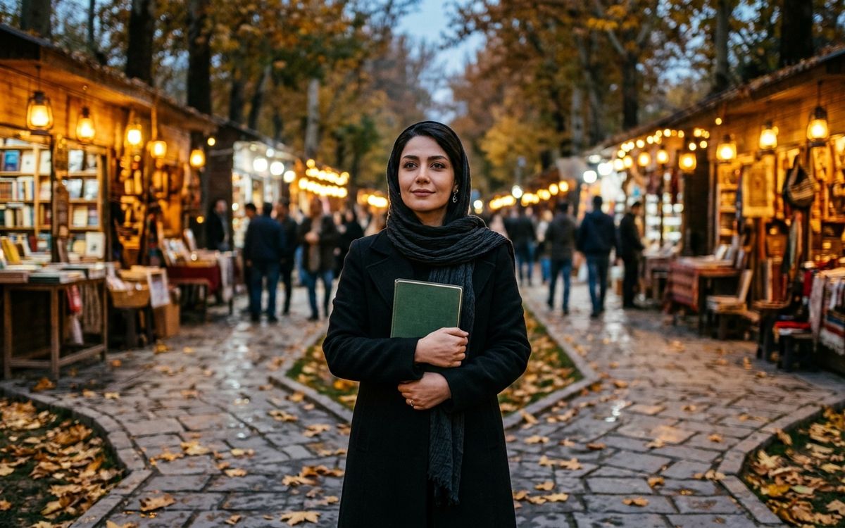 زن جوان و باوقار ایرانی با پالتوی پاییزی شیک در تقاطع پیادهراه یک گذر کتاب در غروب پاییزی در حال انتخاب مسیر با آرامش درونی