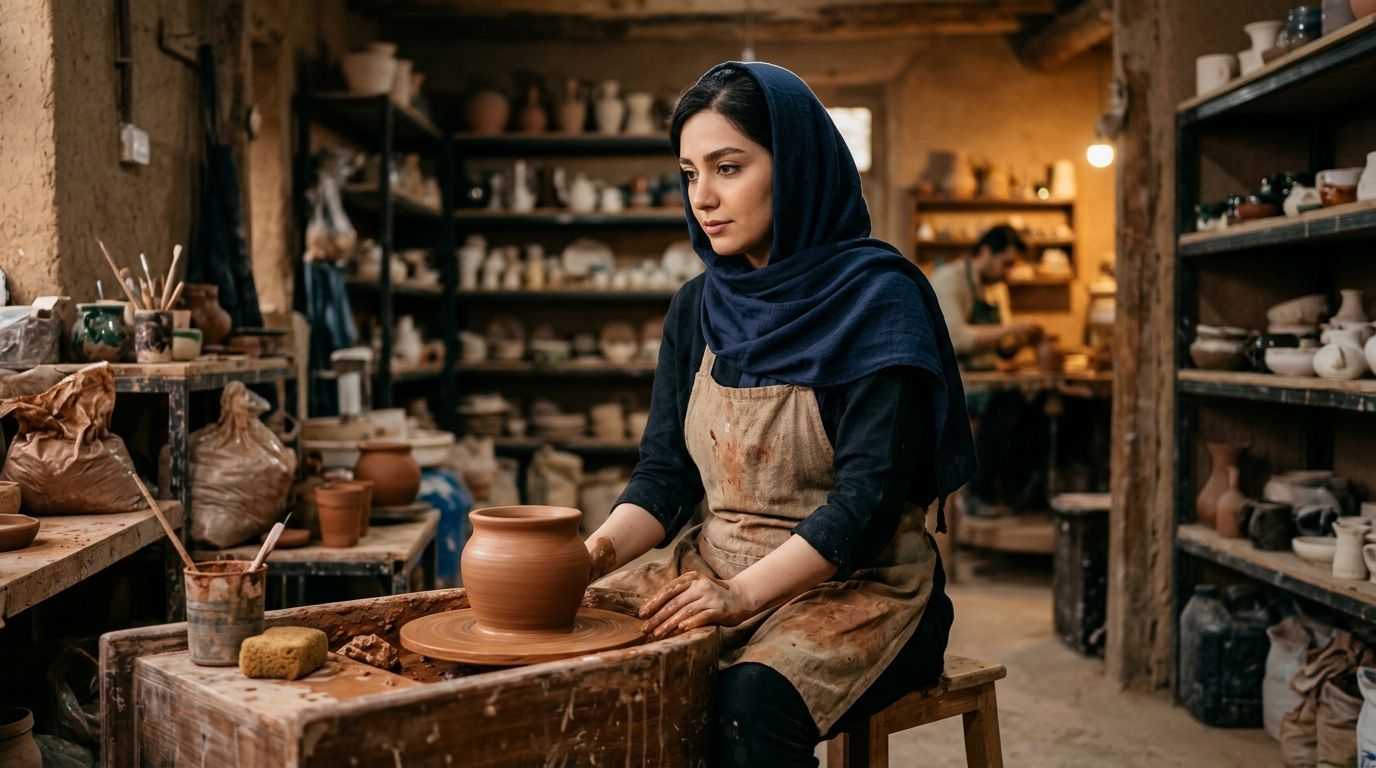 بانوی هنرمند و متفکر ایرانی در کارگاه سفالگری در حال تماشای بافت طبیعی و ناکامل گل با نگاهی پذیرا و آرام