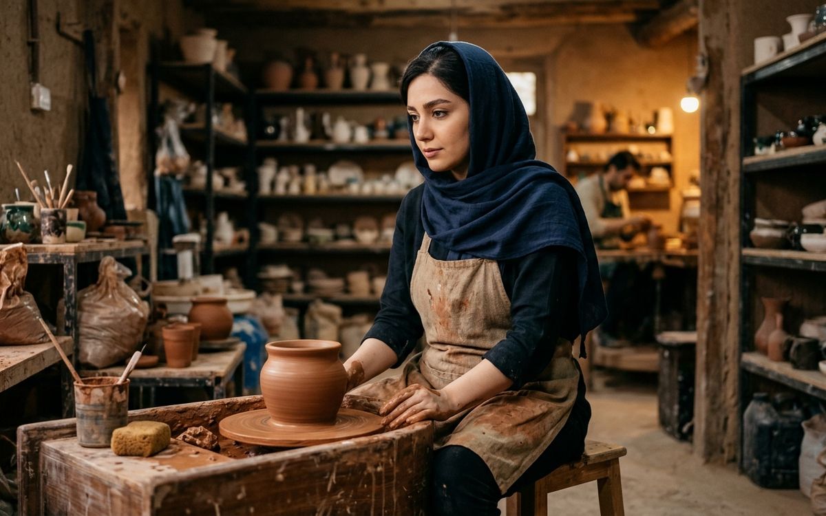 بانوی هنرمند و متفکر ایرانی در کارگاه سفالگری در حال تماشای بافت طبیعی و ناکامل گل با نگاهی پذیرا و آرام