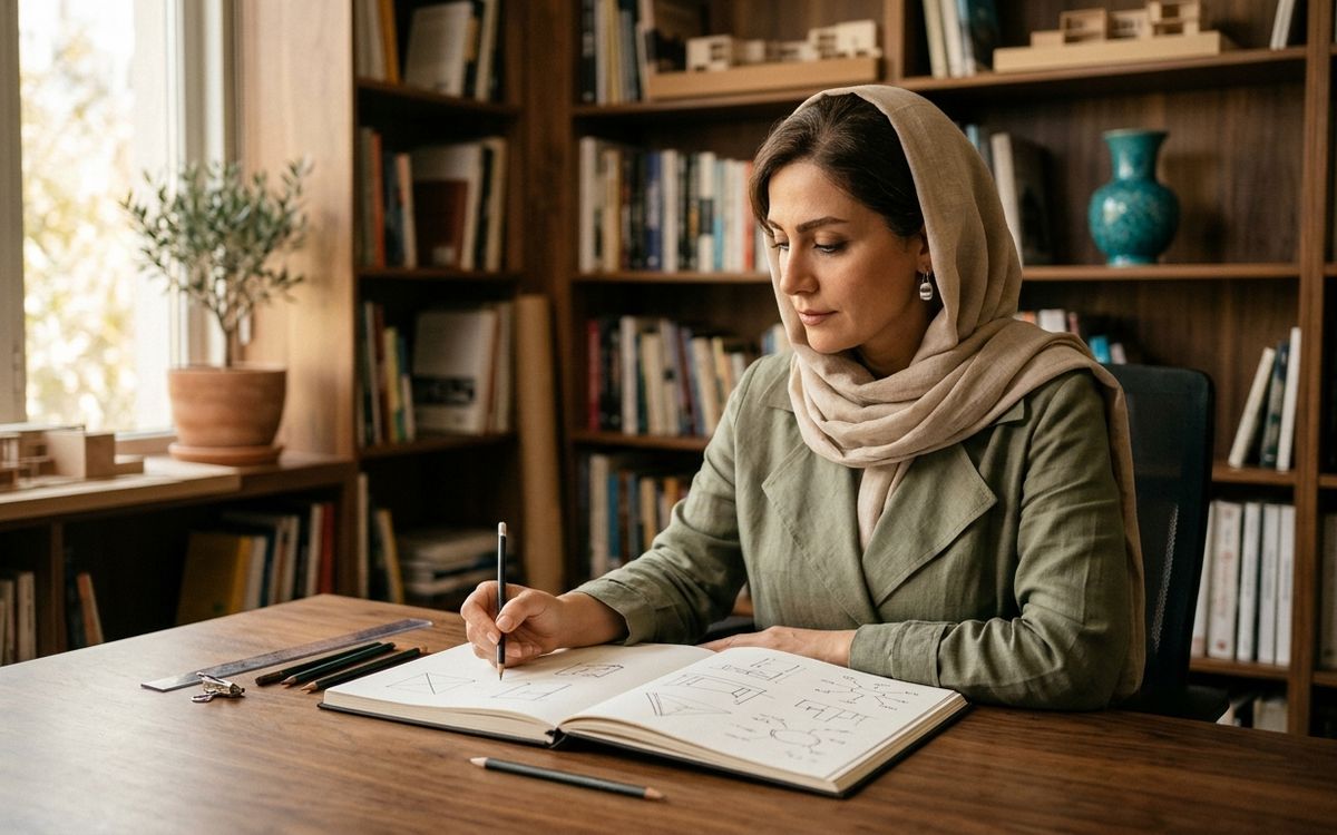 بانوی خردمند و متفکر ایرانی در کتابخانه استودیو در حال بازطراحی نقشه مفهومی فصل دوم زندگی و کشف معنای اصیل