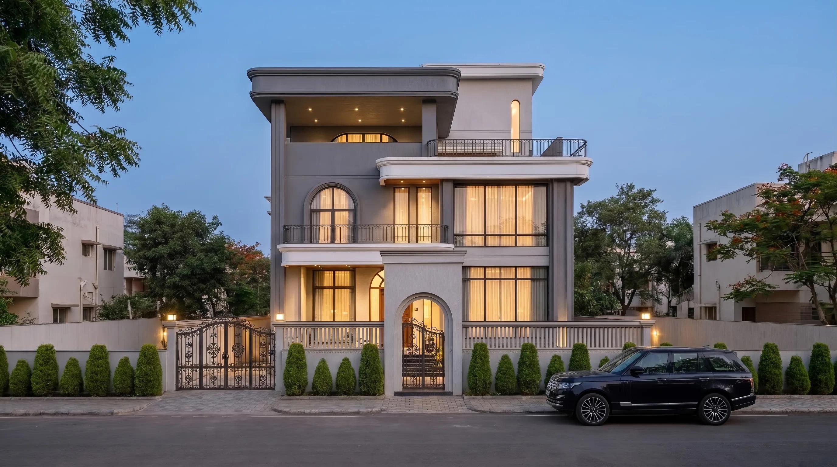 Three-storey villa with arched windows and a gated front, seen from the street — final render