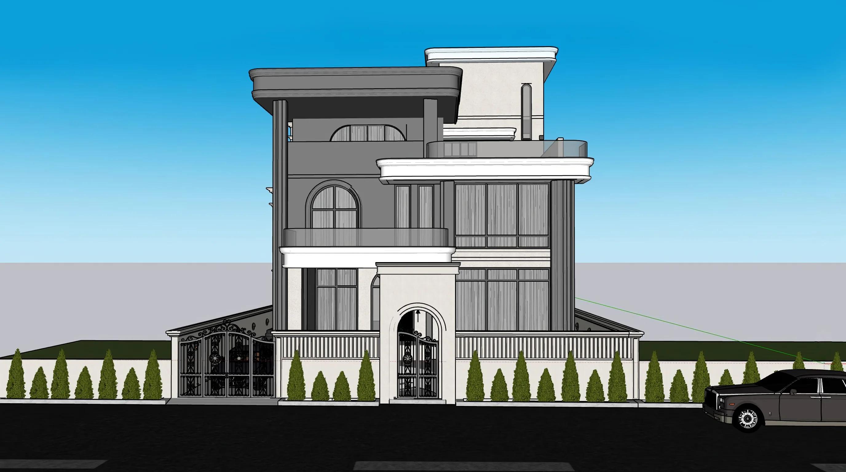 Three-storey villa with arched windows and a gated front, seen from the street — 3d model