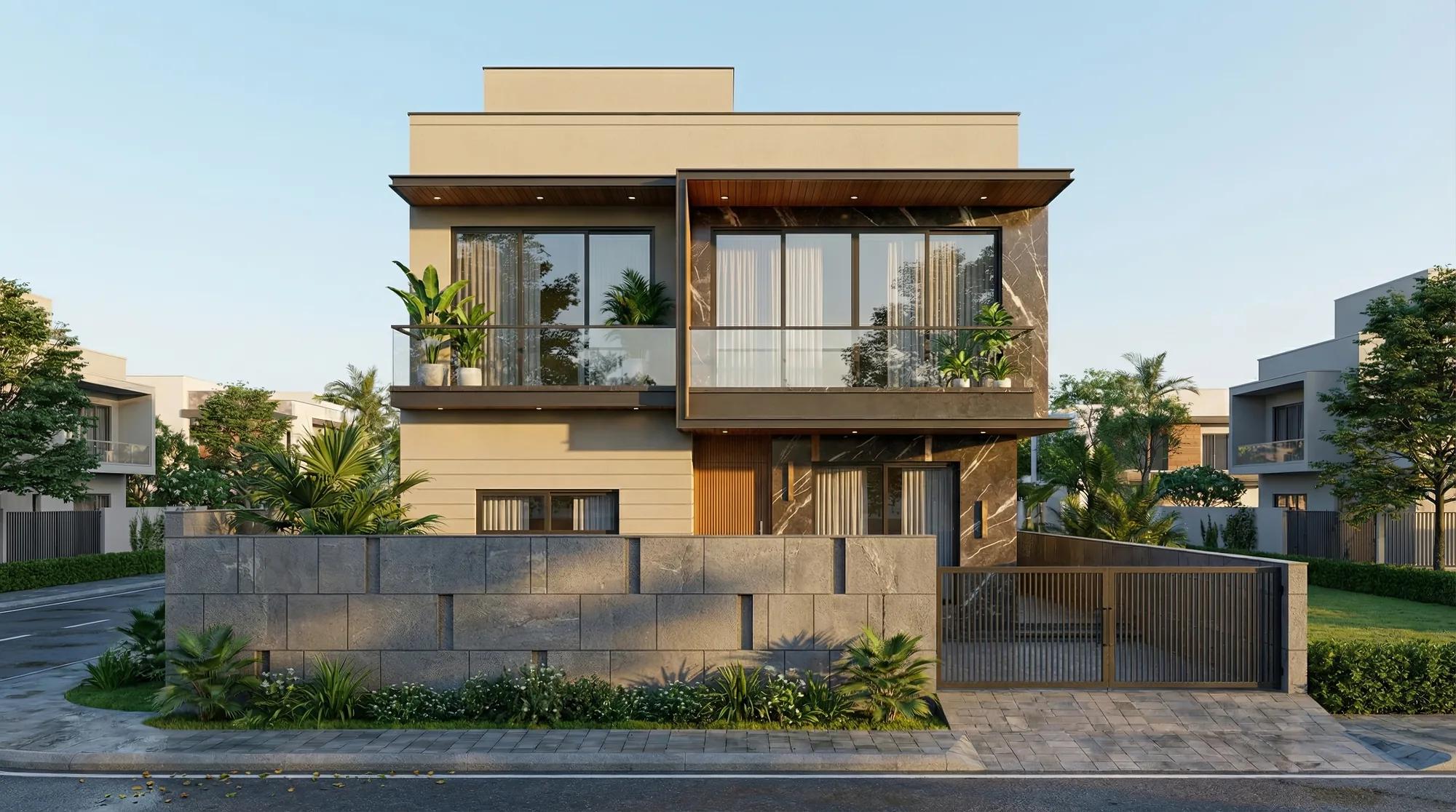 Exterior render of a contemporary two-storey house with a glazed, timber-framed upper floor and stone boundary wall.