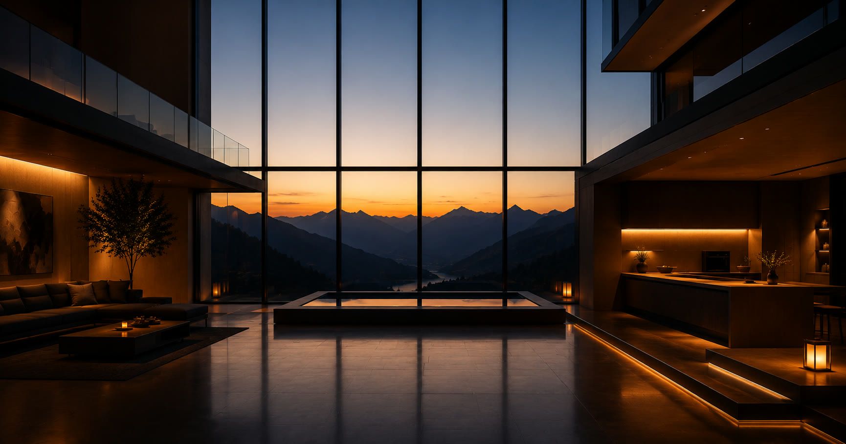 Dusk view of a double-height living space with floor-to-ceiling glazing framing a mountain valley, lit by warm cove lighting.