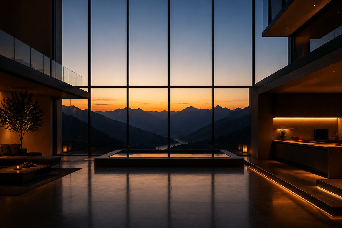 Dusk view of a double-height living space with floor-to-ceiling glazing framing a mountain valley, lit by warm cove lighting.