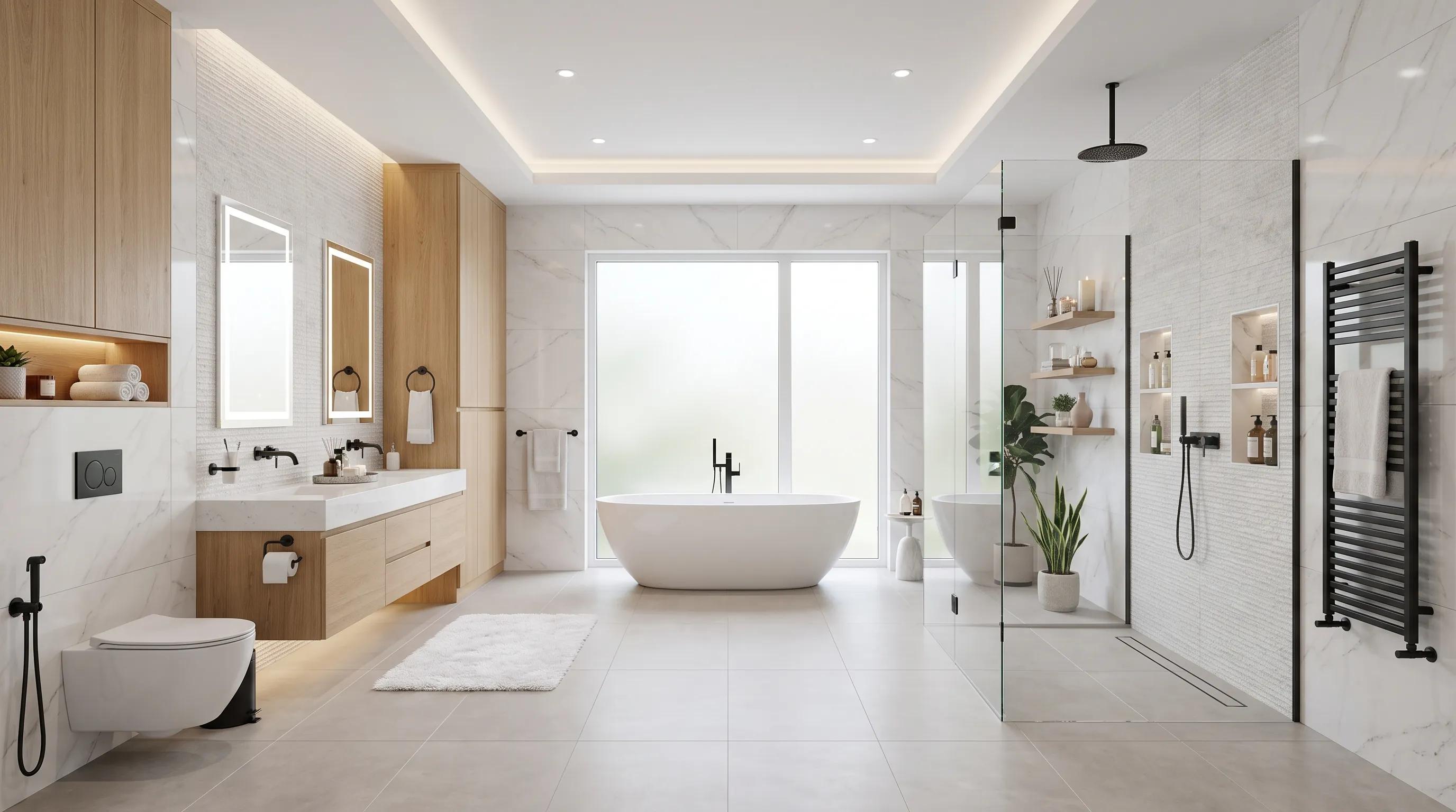Bright bathroom interior with oak vanity, freestanding tub beneath a frosted window, walk-in glass shower and black fixtures.
