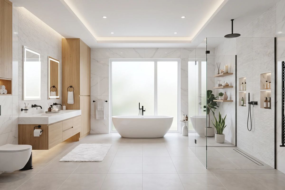 Bright bathroom interior with oak vanity, freestanding tub beneath a frosted window, walk-in glass shower and black fixtures.