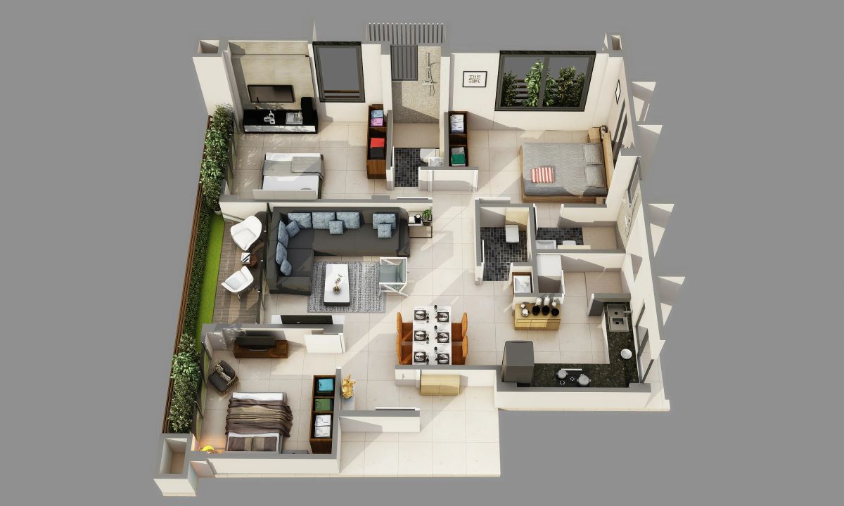 Isometric cutaway of a furnished apartment floor plan, showing rooms, furniture and walls in 3D.
